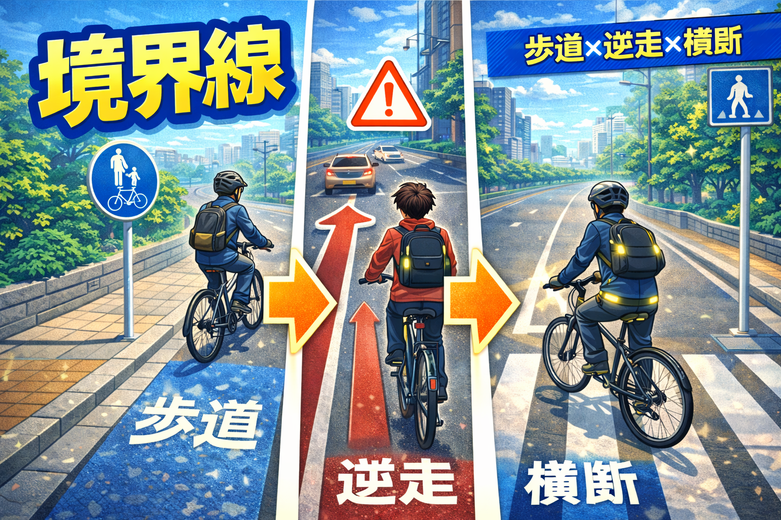 自転車の歩道通行や逆走、横断歩道のルール境界を整理するイメージ