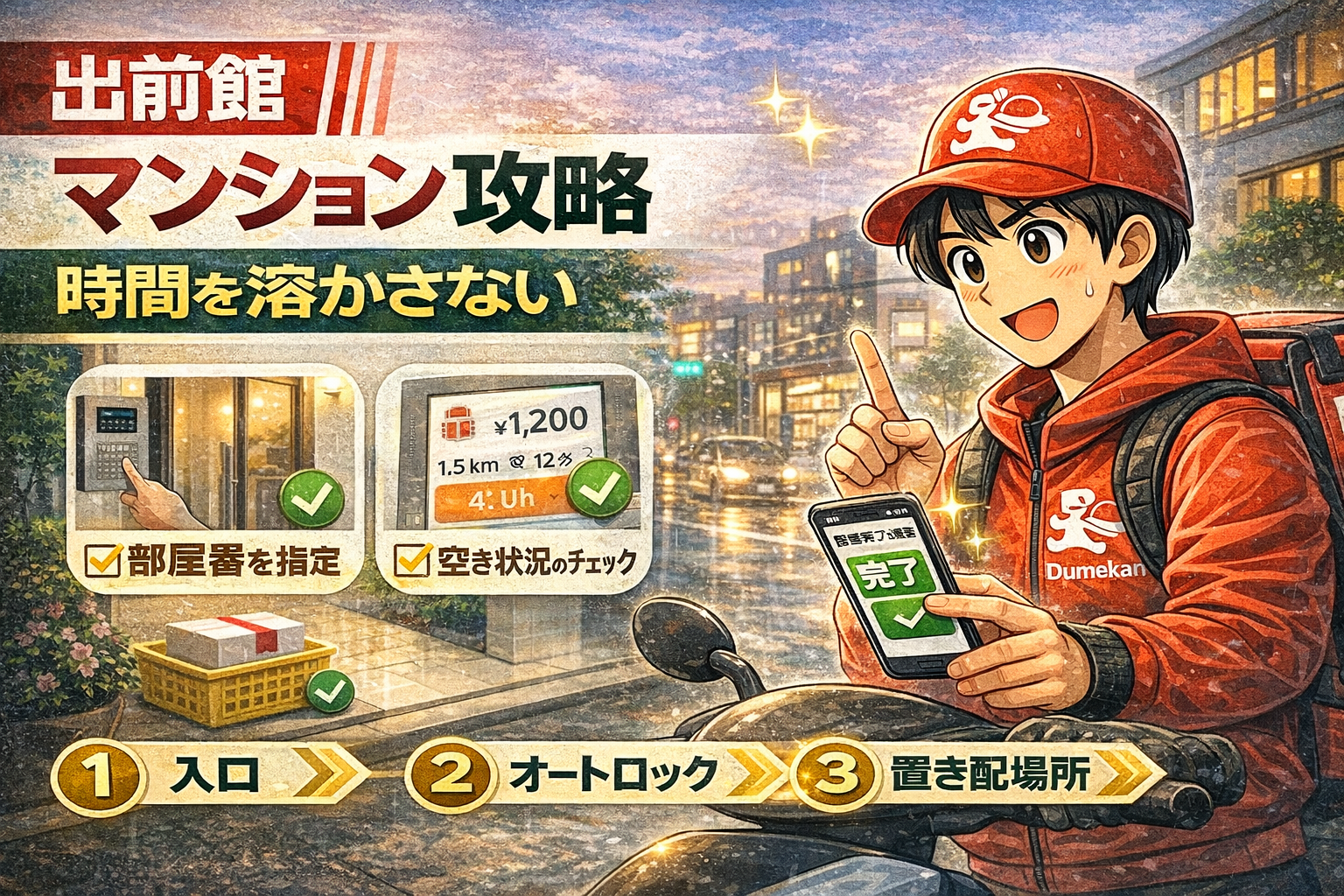 ピーク時間帯に受ける案件を選別して単価を守るコツを解説する、地図と注文画面を見て判断する配達員のイメージ