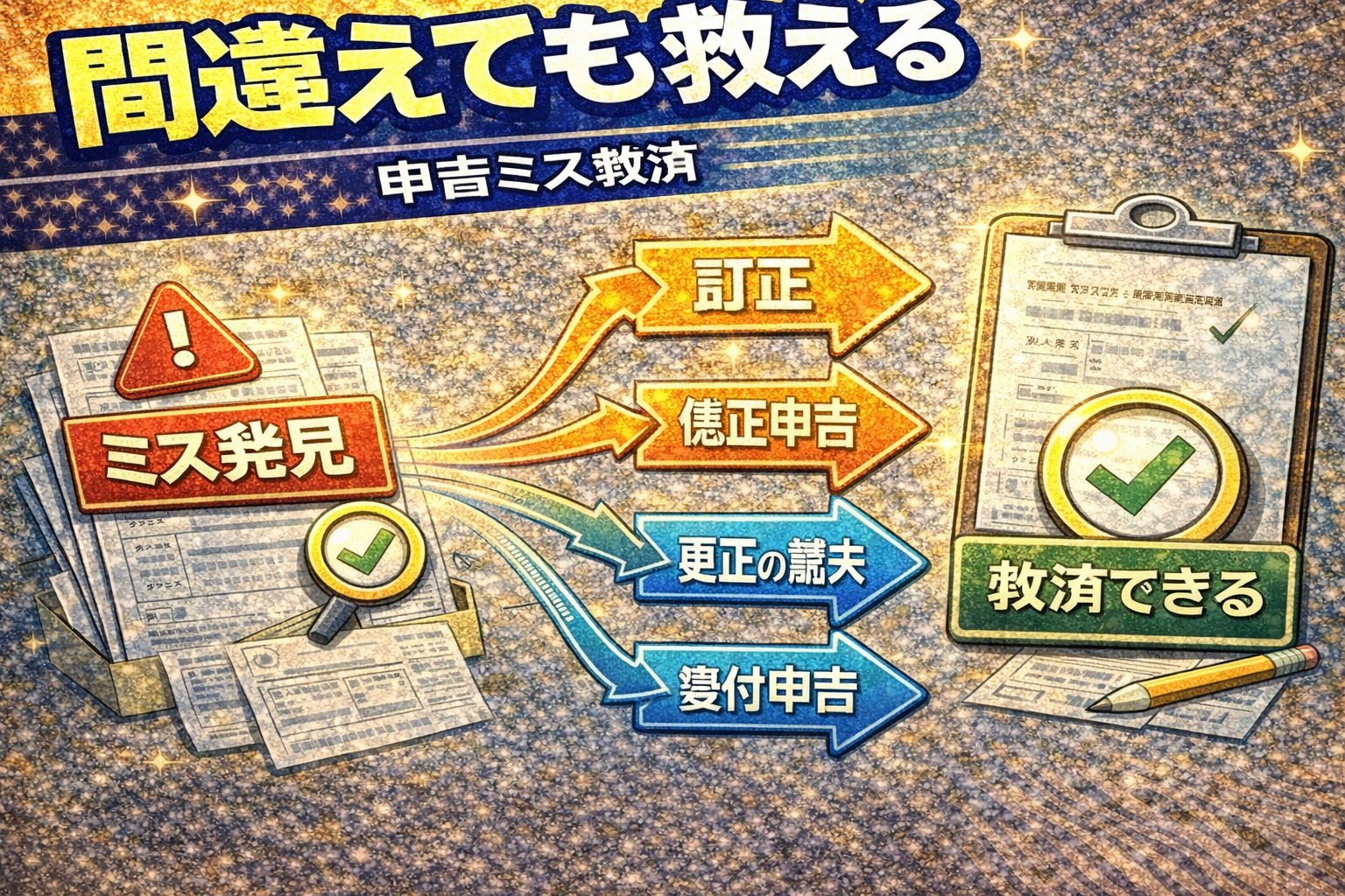 確定申告のミスを見つけた後、訂正・修正申告・更正の請求・還付申告の分岐で救済手順を整理しているイメージ（2026）