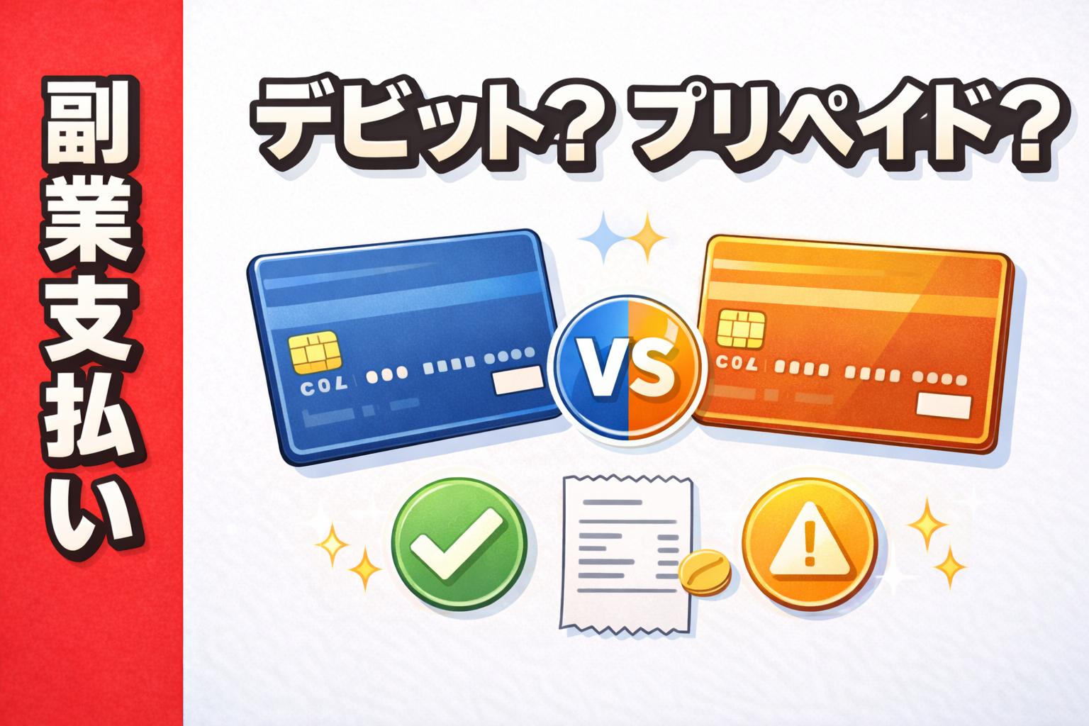 デビットカードとプリペイドカードを並べて、副業の支払いでの使い分けと注意点を比較しているイメージ