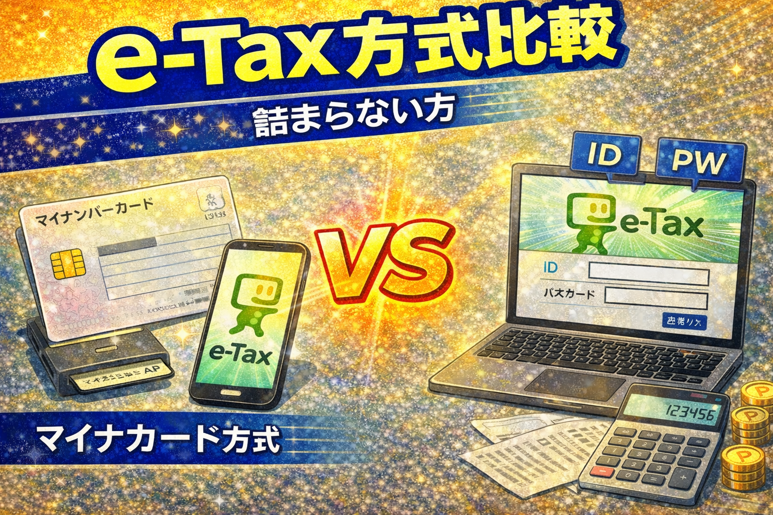 e-Taxのログイン方式をマイナンバーカード方式とID・パスワード方式で比較し、必要な準備を整理しているイメージ（2026）