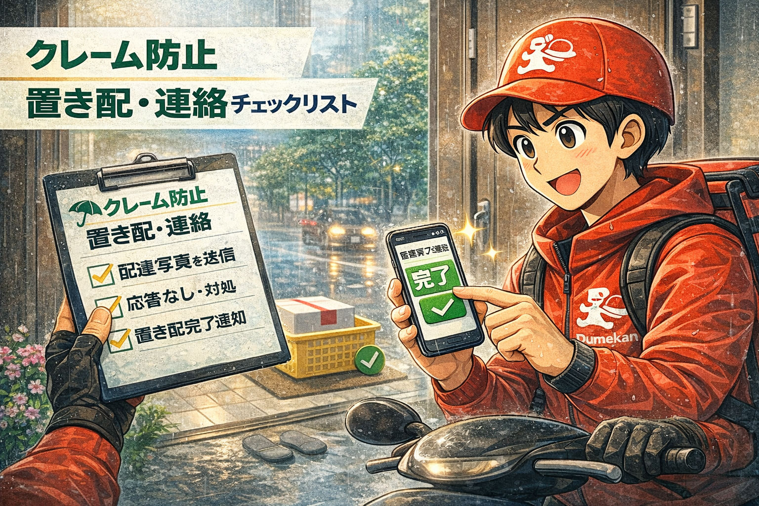 クレームを防ぐための置き配と連絡のチェックリストを確認しながら、玄関前で配達完了操作をする配達員のイメージ