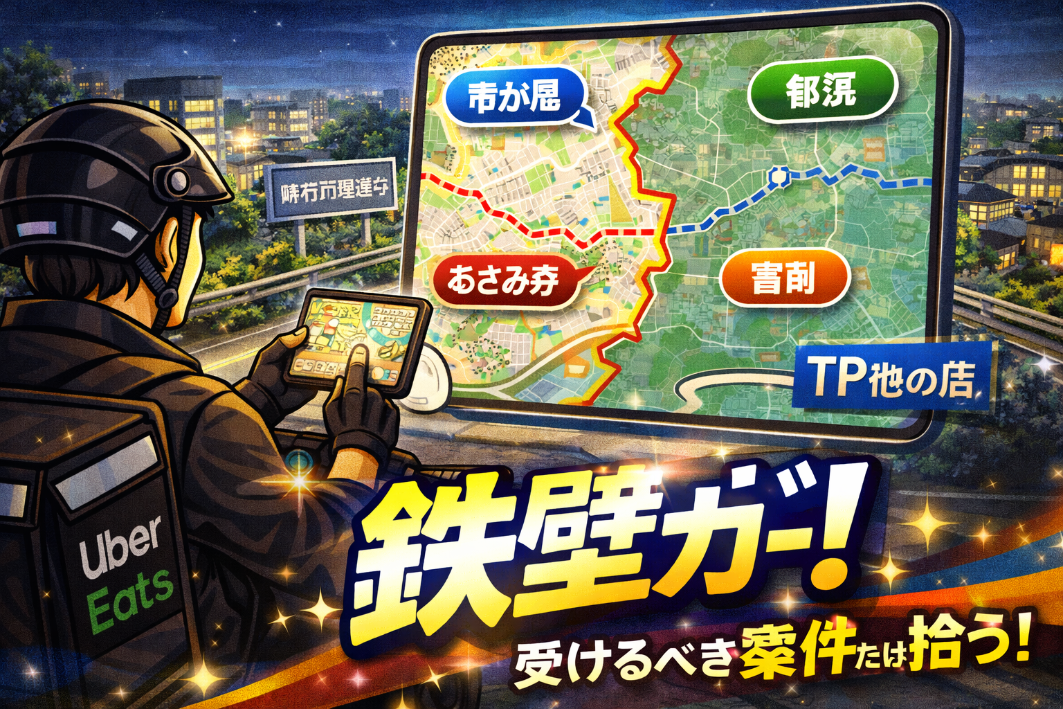 横浜市青葉区（市が尾/あざみ野/青葉台）起点で、原付50ccの配達員が地図上で「跨ぎ受け境界ライン」を確認し、都筑・宮前へ吸われる前に“戻れる形だけ”を即決してTPHと評価を守っているイメージ