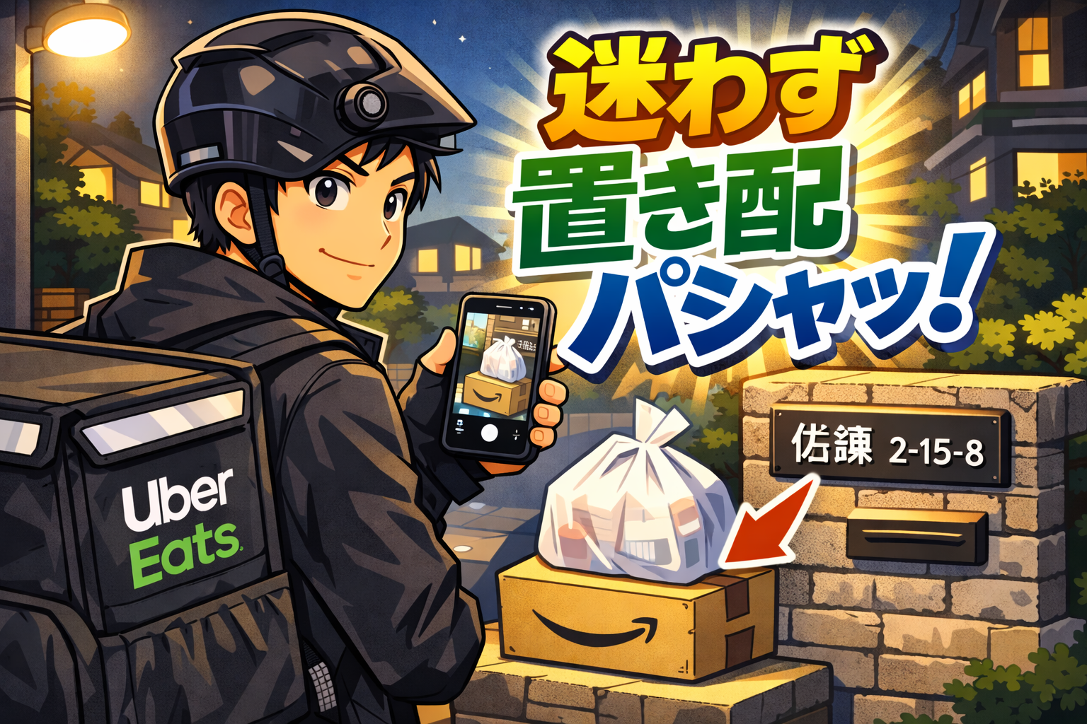 たまプラーザの夜の住宅街で、街灯の下でスマホ地図と番地の並びを照合し、門柱の表札と荷物が一緒に写る置き配写真を撮って迷子を防ぐ配達員のイメージ