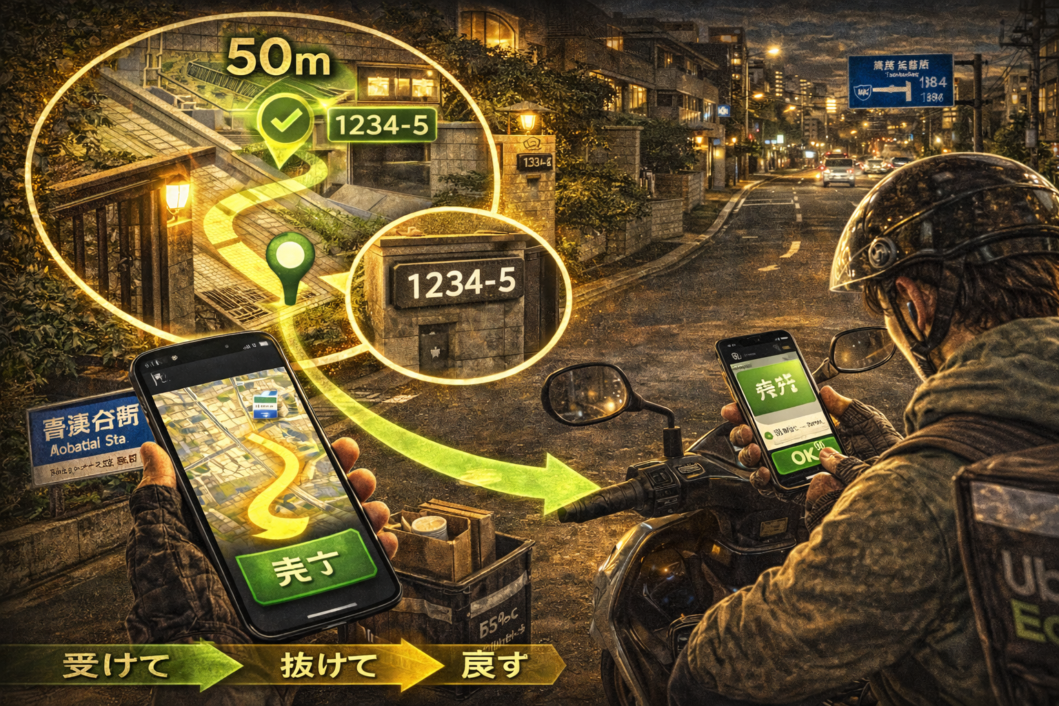 青葉区の夜（元石川を含む）で、番地と入口を“最後の50m”で照合して迷子ゼロで置き配まで完了し、幹線へ戻して崩れず回す50cc配達員のイメージ