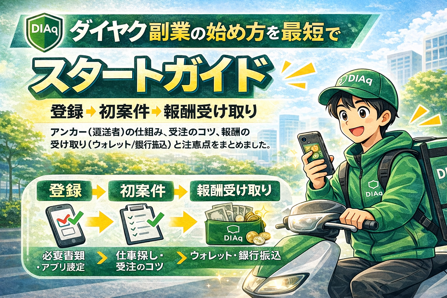 ダイヤク（DIAq）の始め方を、登録→初案件→報酬受け取りまで最短で解説。アンカー（運送者）の仕組み、受注のコツ、報酬の受け取り（ウォレット/銀行振込）と注意点をまとめました。
