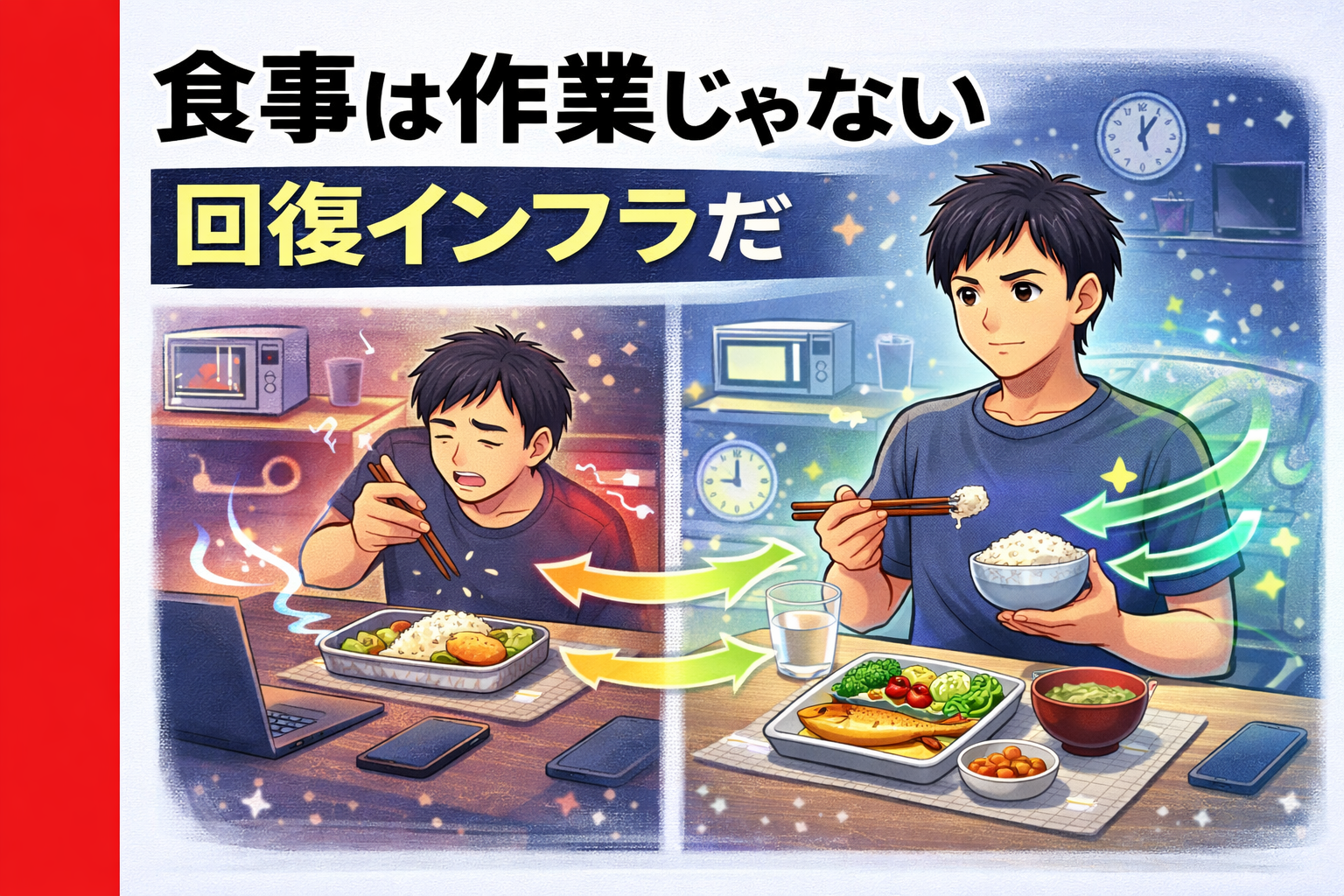 食事は作業じゃない回復インフラだ｜副業を続けるために食事環境を見直す男性のイメージ