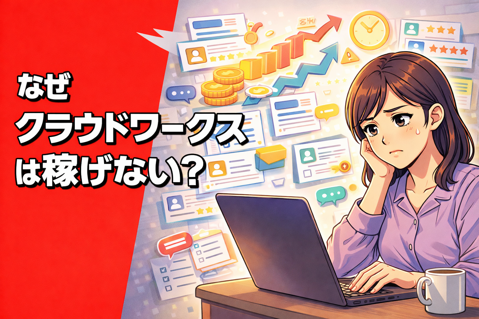 在宅で仕事案件を探しながら、報酬と作業量のバランスに悩む女性を描いたポップアニメ風サムネイル