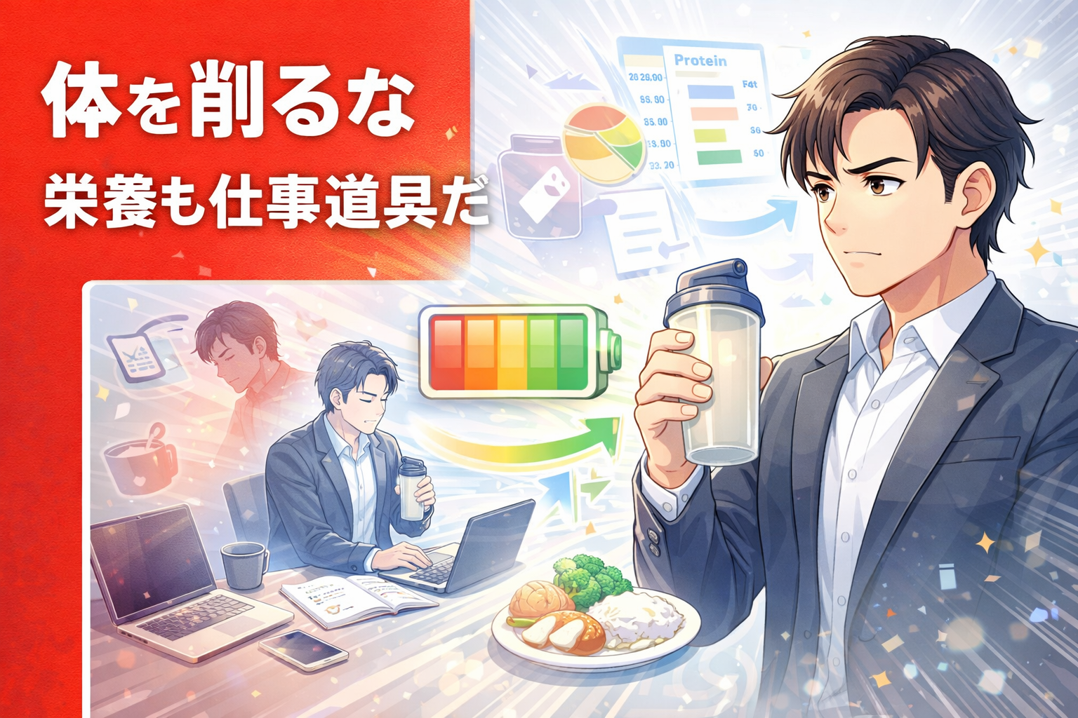 体を削るな栄養も仕事道具だ｜副業を続けるために栄養管理を意識する男性のイメージ