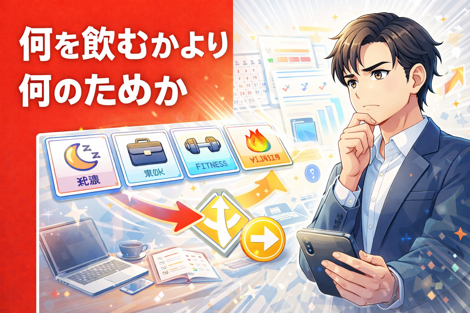 何を飲むかより何のためか｜副業を続けるために目的別でサプリを選ぶ男性のイメージ
