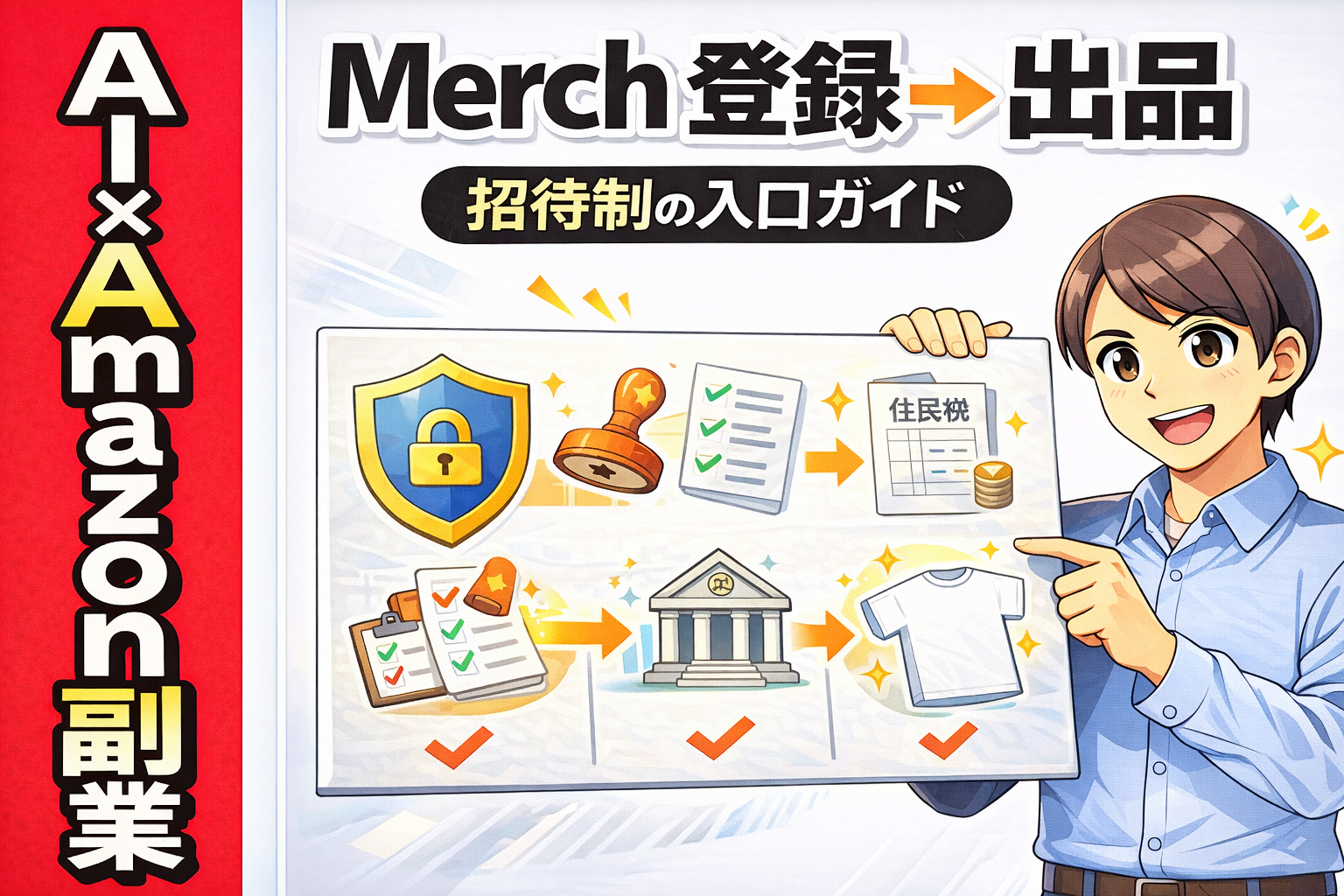 Merch on Demandの登録から出品までの流れを示すサムネ画像。招待制の申請、銀行・税情報、デザイン登録をチェックリストとアイコンで分かりやすく表現している。