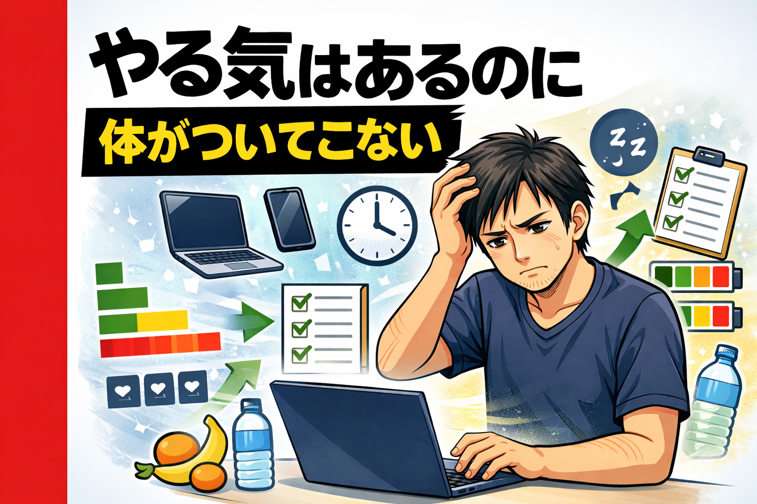 やる気はあるのに体がついてこない｜副業の疲労でコンディションが落ちた男性のイメージ