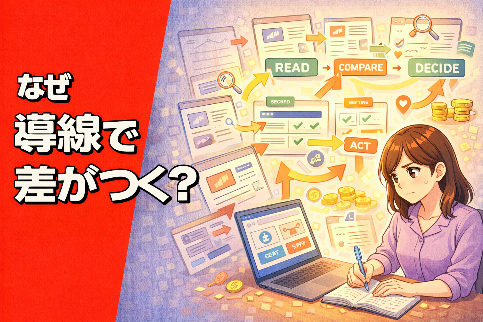 アフィリエイト記事の流れを整理しながら、読者をどう次の行動へ導くか考えている女性を描いたポップアニメ風サムネイル