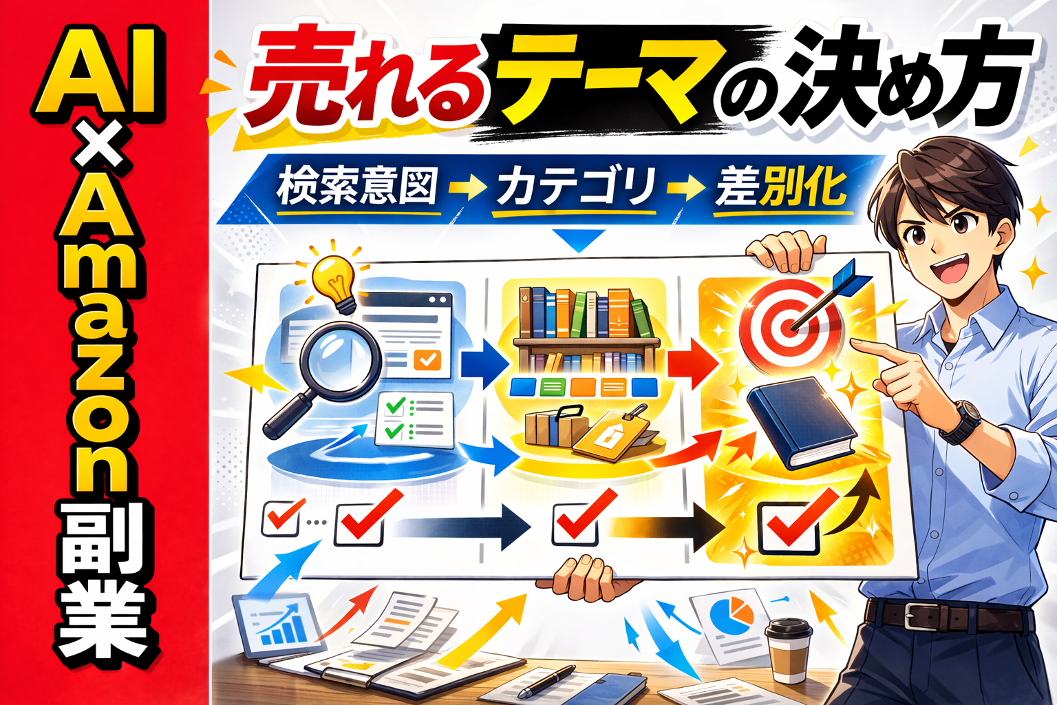 KDPで売れるテーマを決める手順を示すサムネ画像。検索意図・カテゴリ・差別化の流れをアイコンとチェックリストで分かりやすく表現している。