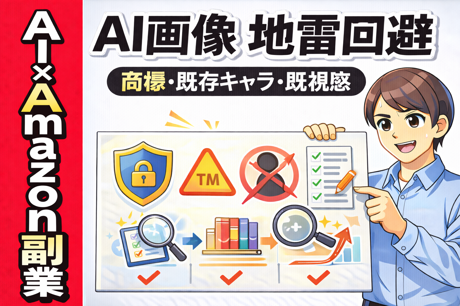 AI画像の地雷回避を解説するサムネ画像。商標、既存キャラ、既視感のリスクを警告アイコンとチェックリストで分かりやすく表現している。