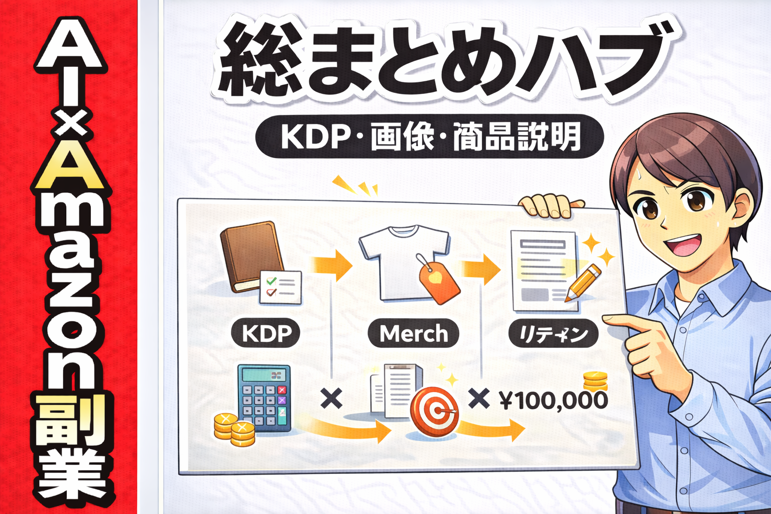 AI×Amazon副業の総まとめハブを示すサムネ画像。KDP、Merch、商品説明の3ルートをアイコンで整理し、ロードマップ形式で全8記事へ案内している。