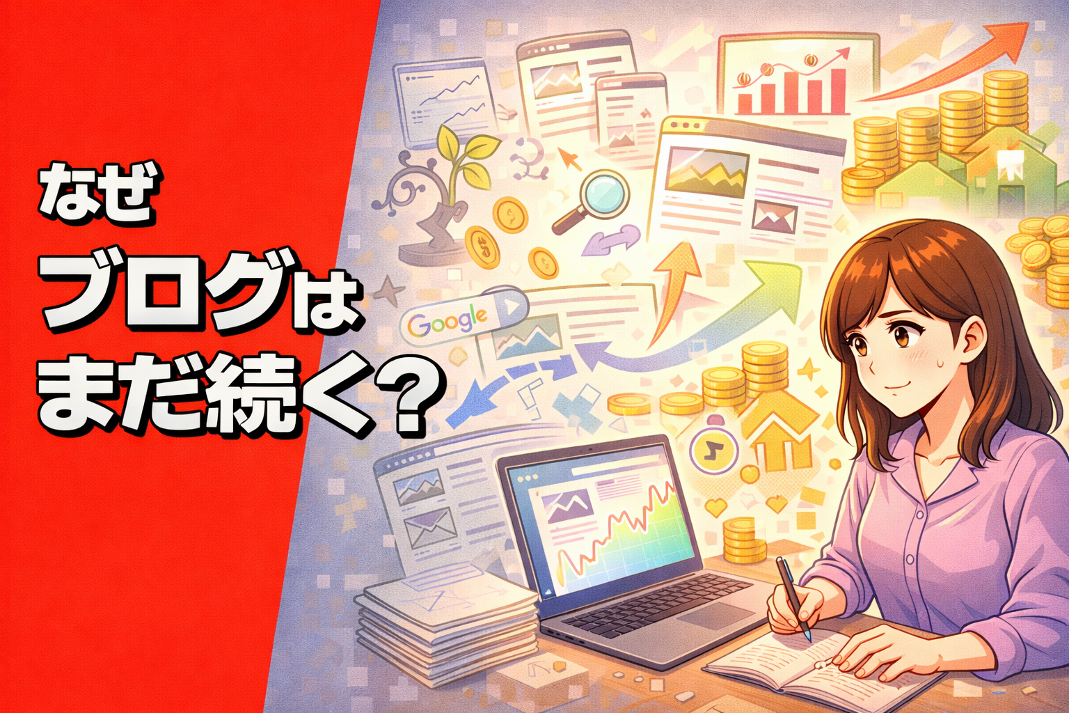 ノートPCでブログ記事を書きながら、アクセスと収益の伸び悩みの中でも可能性を探る女性を描いたポップアニメ風サムネイル