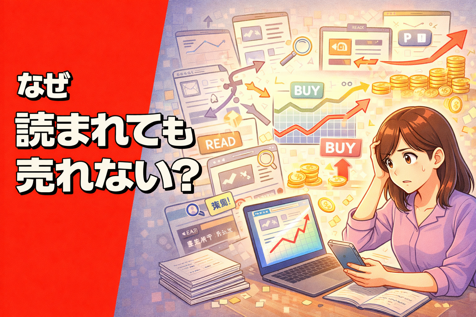 アクセスはあるのに収益が伸びず、ブログの導線や広告配置を見直している女性を描いたポップアニメ風サムネイル