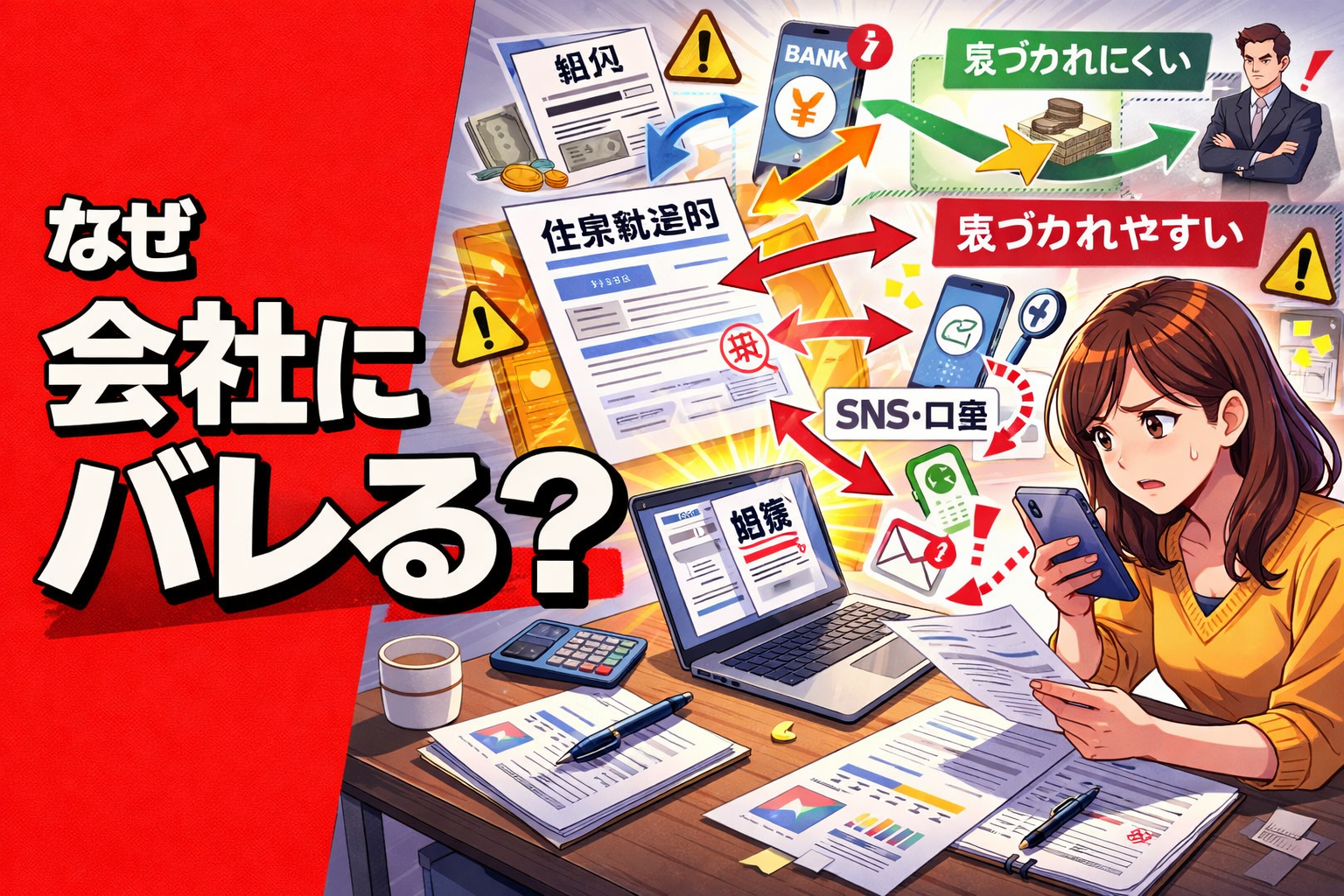 会社バレの原因を住民税通知やスマホ通知、SNS導線まで整理しながら不安そうに確認する女性を描いたポップアニメ風サムネイル