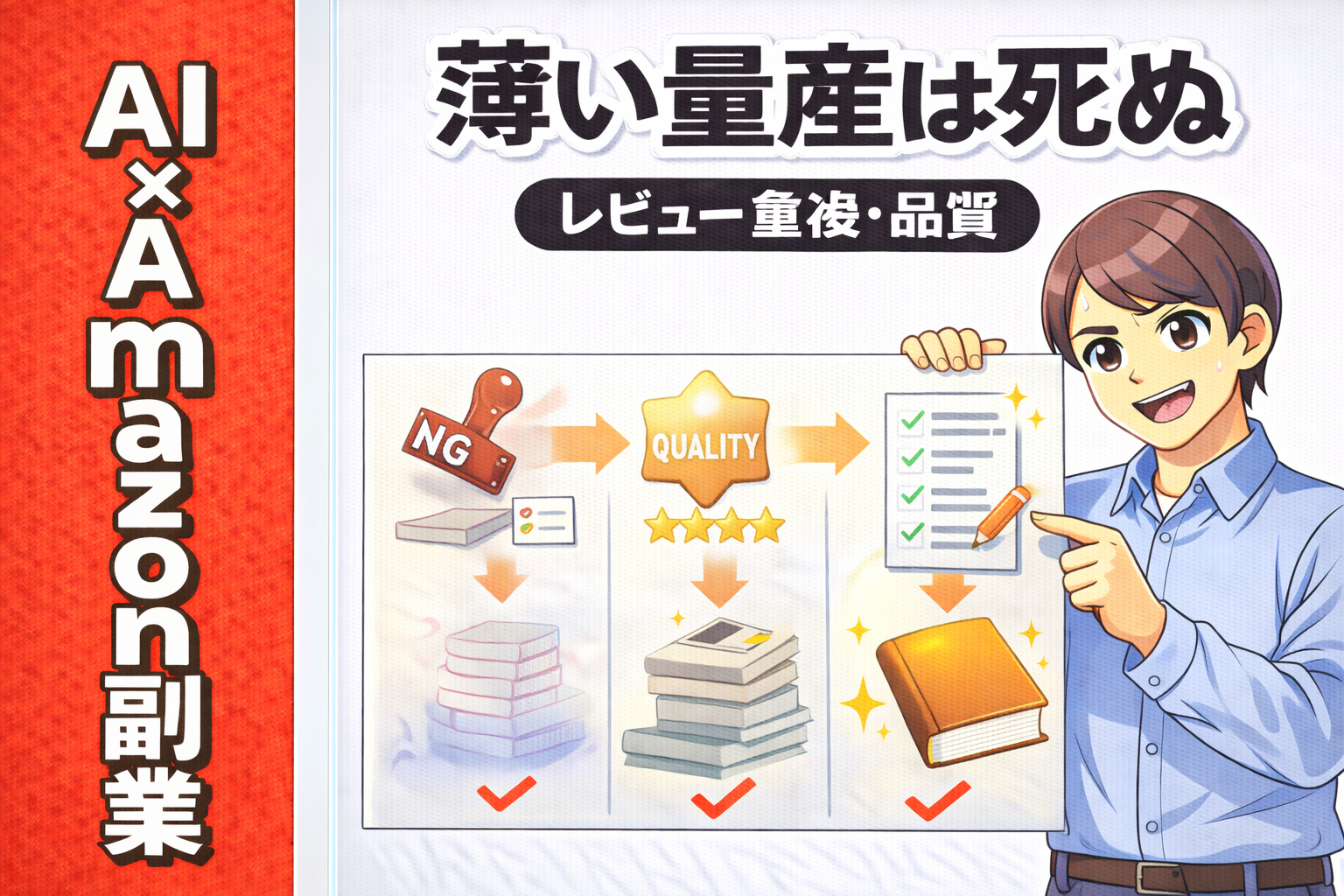 薄い量産のKDP出版がレビュー崩壊や重複で失敗する理由を示すサムネ画像。チェックリストと警告アイコンで品質改善の重要性を解説している。