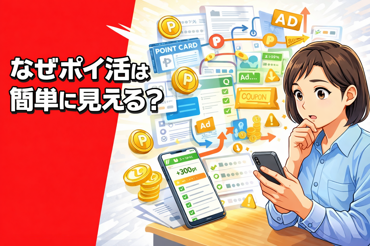 スマホでポイ活案件を見ながら、ポイントの仕組みや得するコツを考える女性を描いたポップアニメ風サムネイル