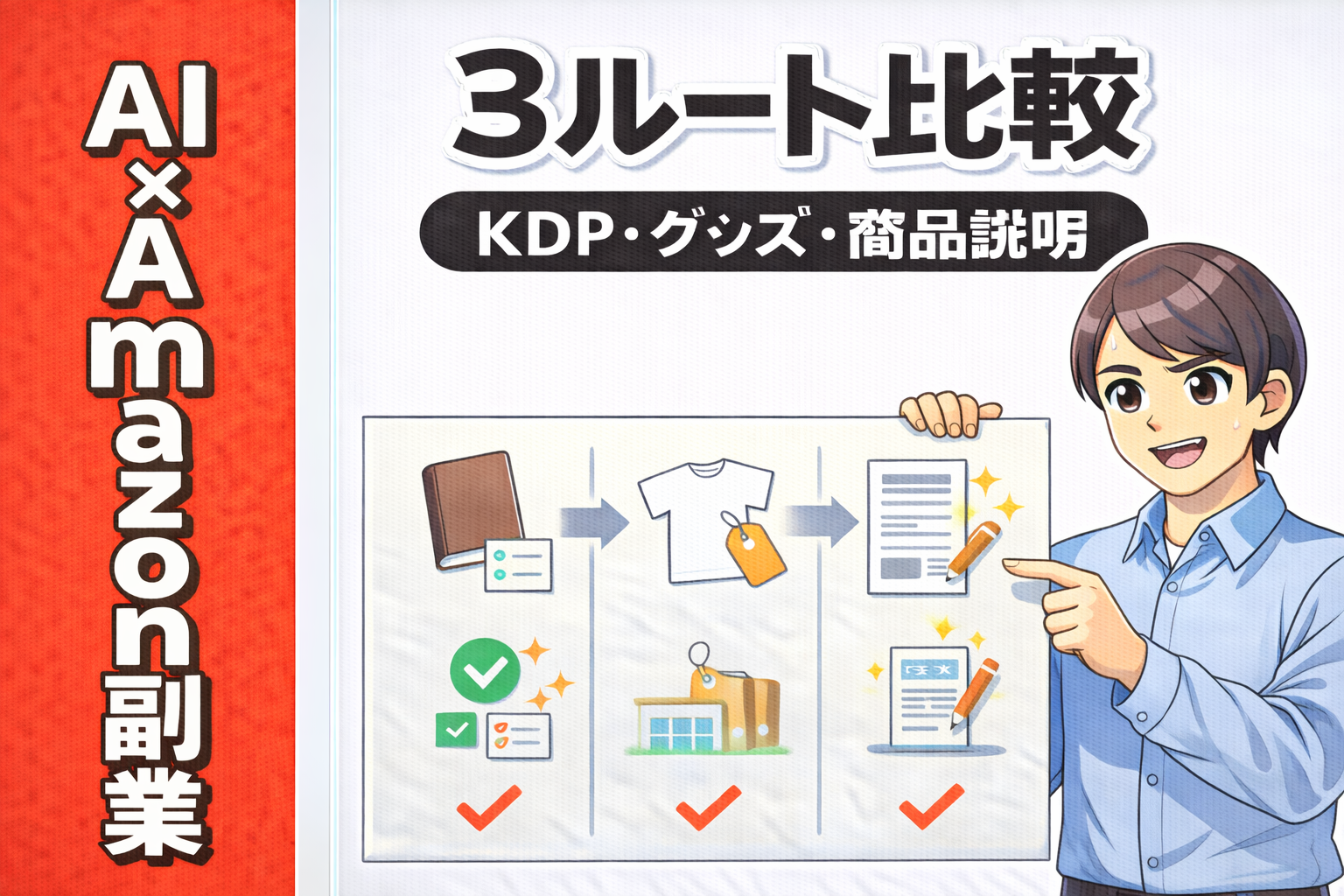 AI×Amazon副業の3ルート比較を示すサムネ画像。KDP（本）、グッズ（Tシャツ）、商品説明（リスティング）をアイコンで並べて解説している。