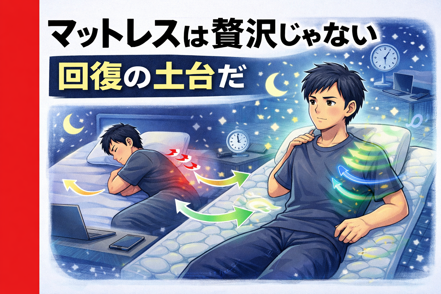 マットレスは贅沢じゃない回復の土台だ｜副業を続けるために寝床を見直す男性のイメージ