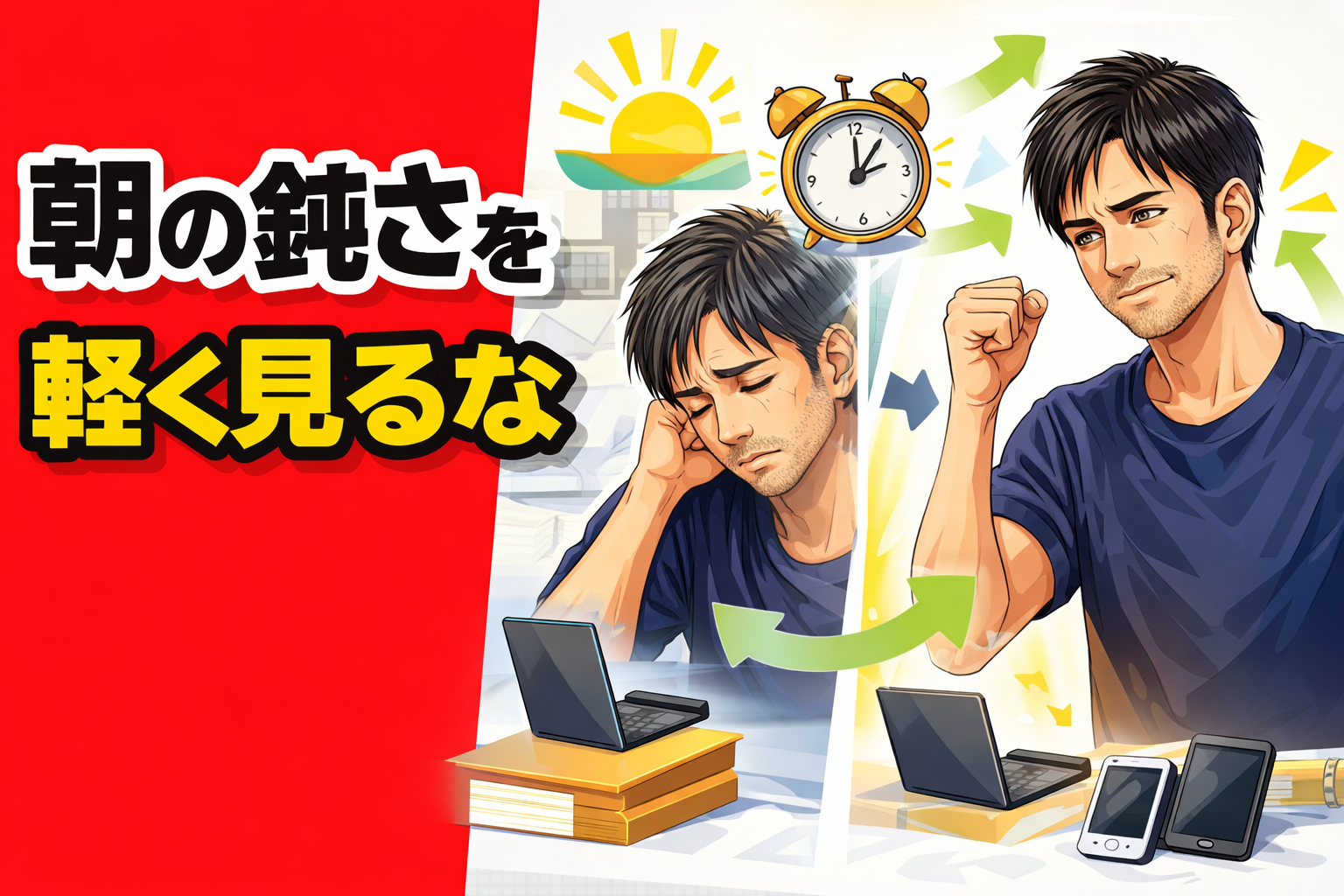 朝の鈍さを軽く見るな｜副業を続けるために朝の立ち上がりを意識する男性のイメージ