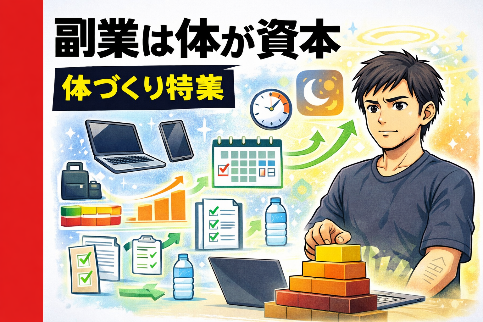 副業は体が資本｜副業を続けるための体づくり特集を表す40代男性のイメージ
