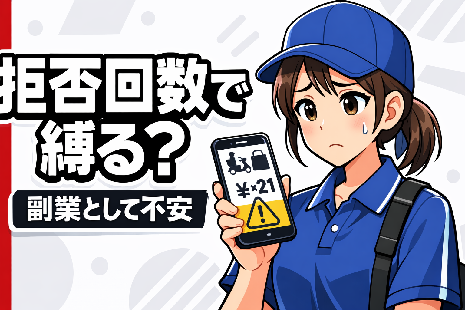 スマホを見ながら悩む女性配達員と「拒否回数で縛る？ 副業として不安」の文字が入ったサムネイル