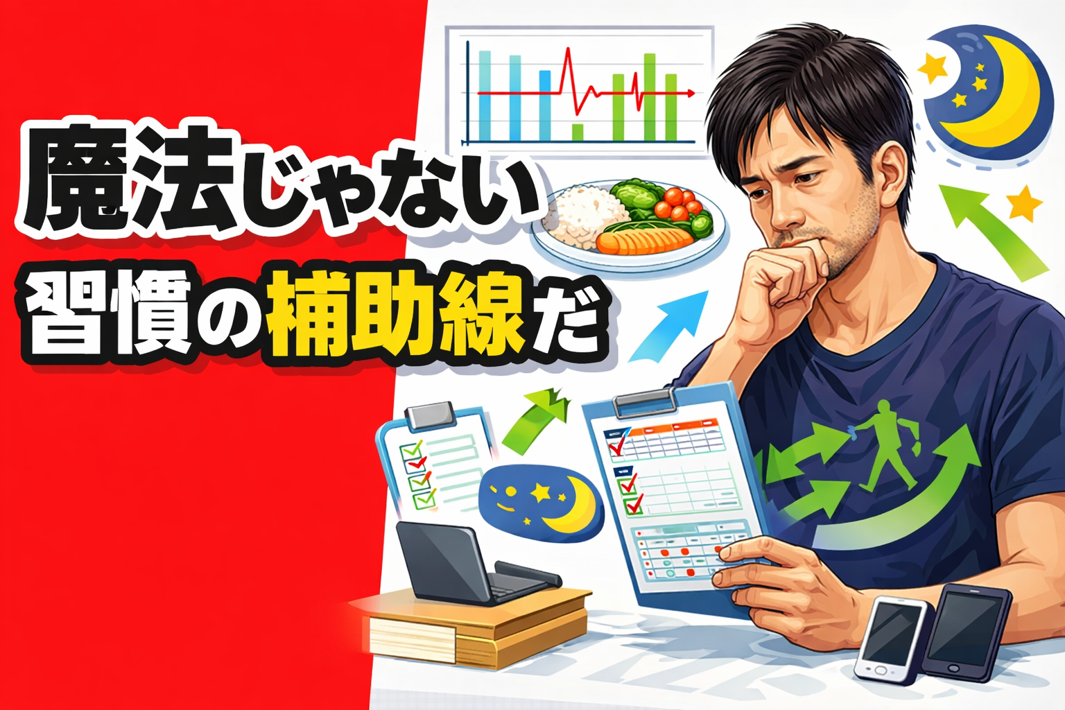 魔法じゃない習慣の補助線だ｜副業を続けるために生活習慣と健康管理を見直す男性のイメージ