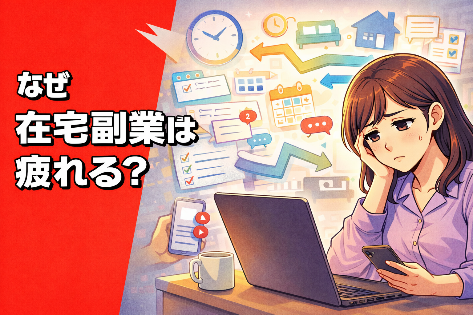 自宅のデスクで在宅副業をしながら、仕事と生活の境界があいまいになって疲れている女性を描いたポップアニメ風サムネイル