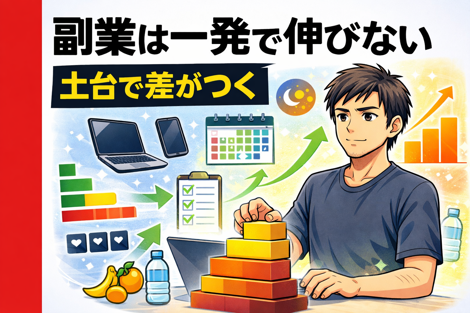 副業は一発で伸びない｜長く続ける土台づくりを意識する男性のイメージ
