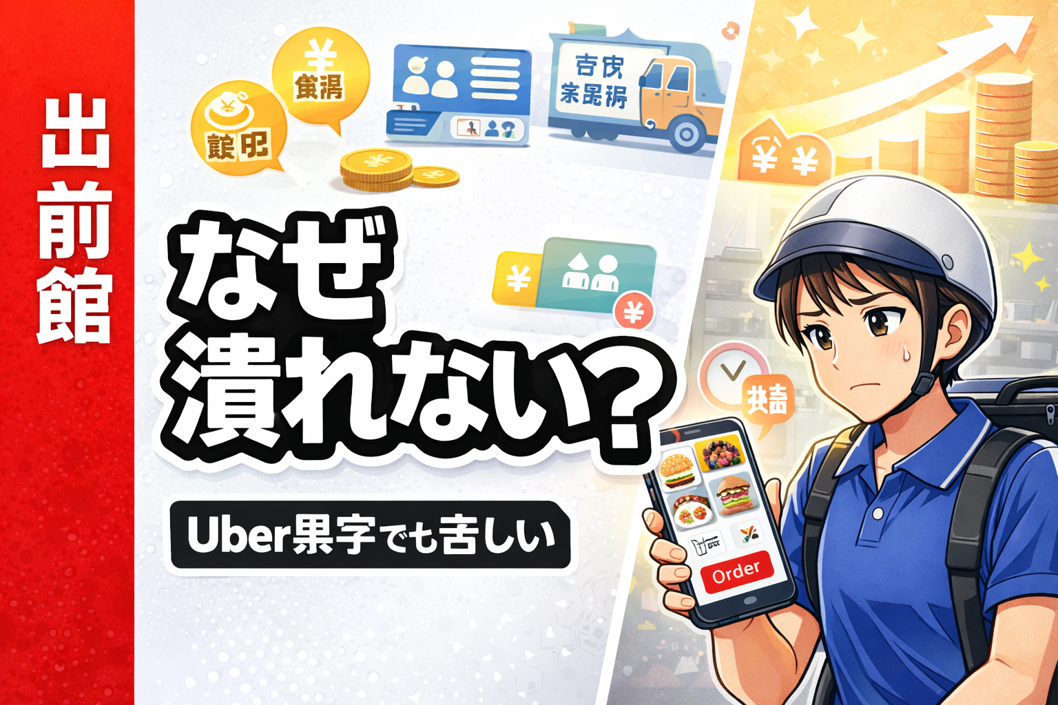 出前館とUberの経営と配達員の現場の違いを対比した、ポップアニメ調のフードデリバリー解説サムネイル