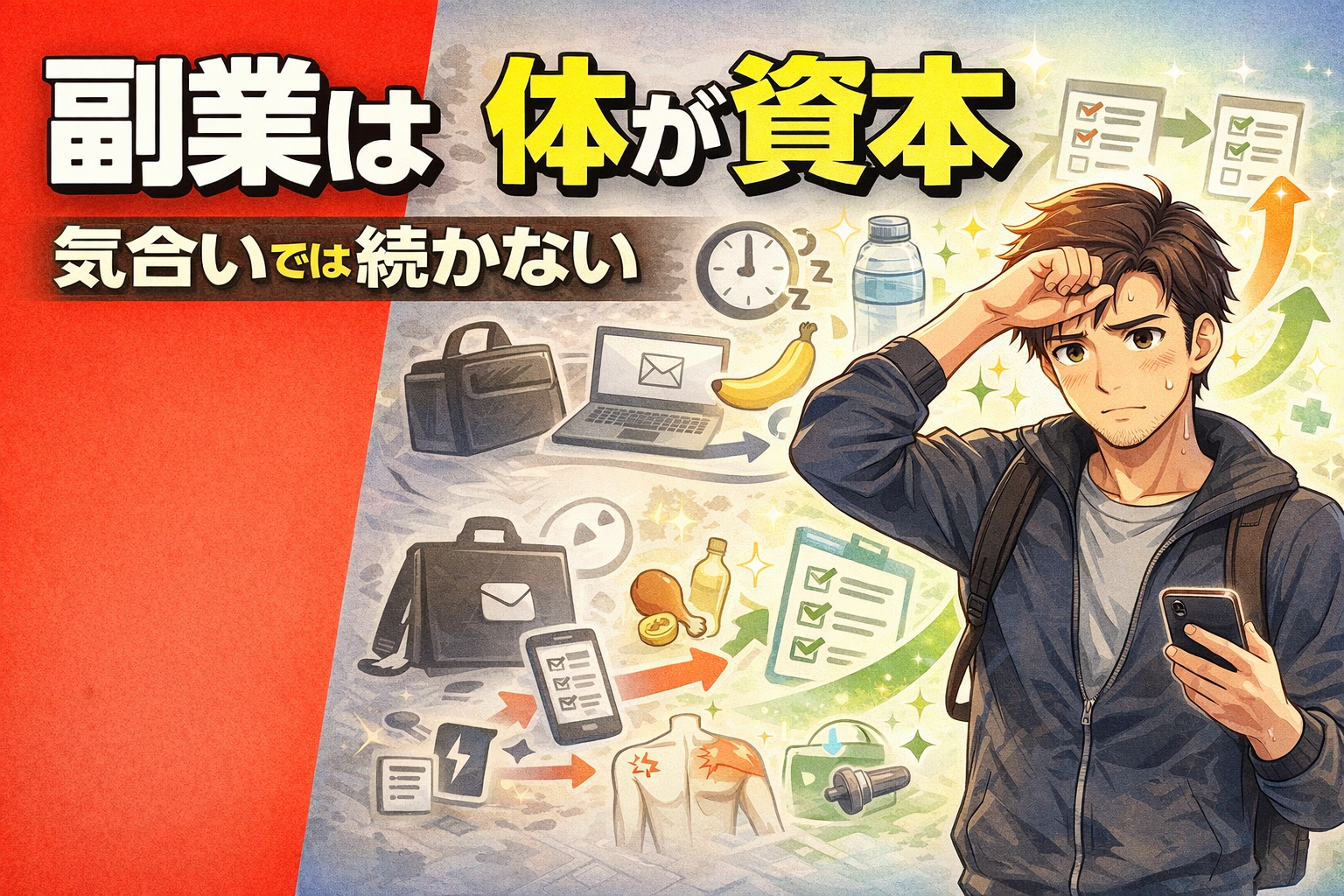 副業は体が資本｜疲れを抱えながらも体力管理を意識する40代男性のイメージ
