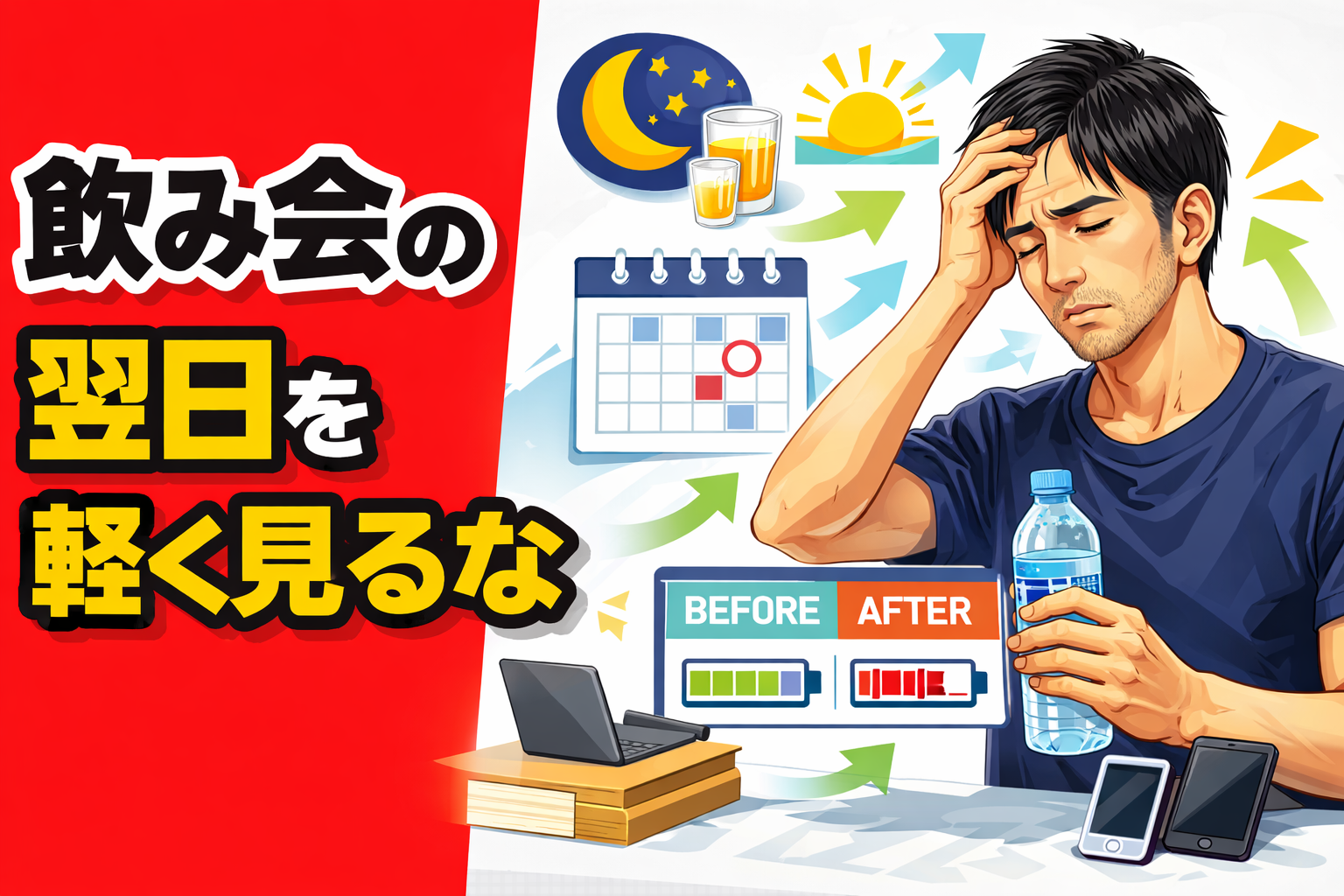 飲み会の翌日を軽く見るな｜副業を続けるために翌朝のコンディション管理を意識する男性のイメージ
