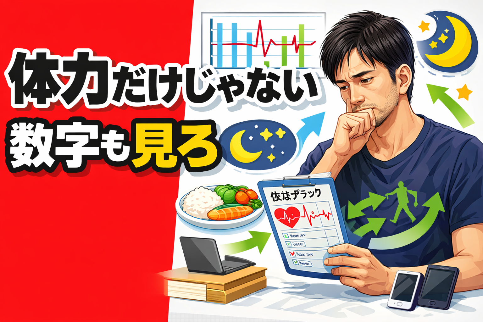 体力だけじゃない数字も見ろ｜副業を続けるために健診の数値を意識する男性のイメージ