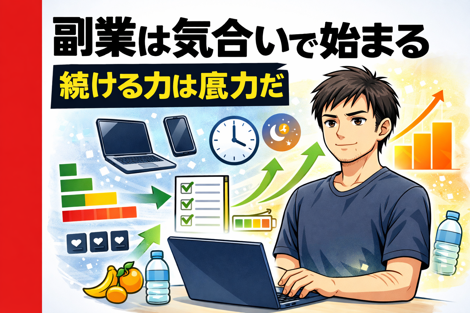 副業は気合いで始まるが続ける力は底力で決まる｜安定した体力で副業を続ける男性のイメージ