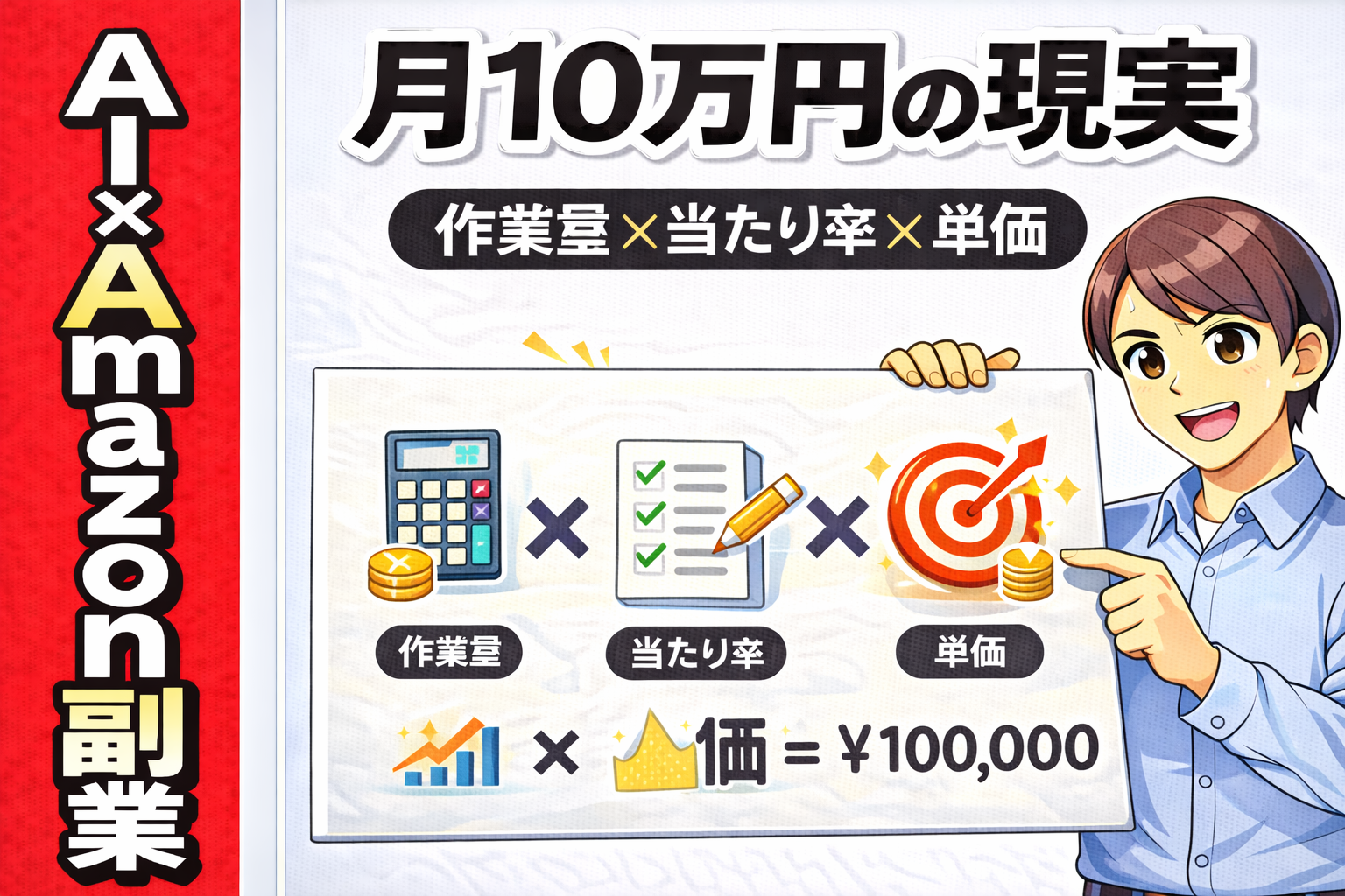 月10万円の収益目標を「作業量×当たり率×単価」で分解して見える化するサムネ画像。電卓やグラフのアイコンで現実的な計算と計画を表現している。