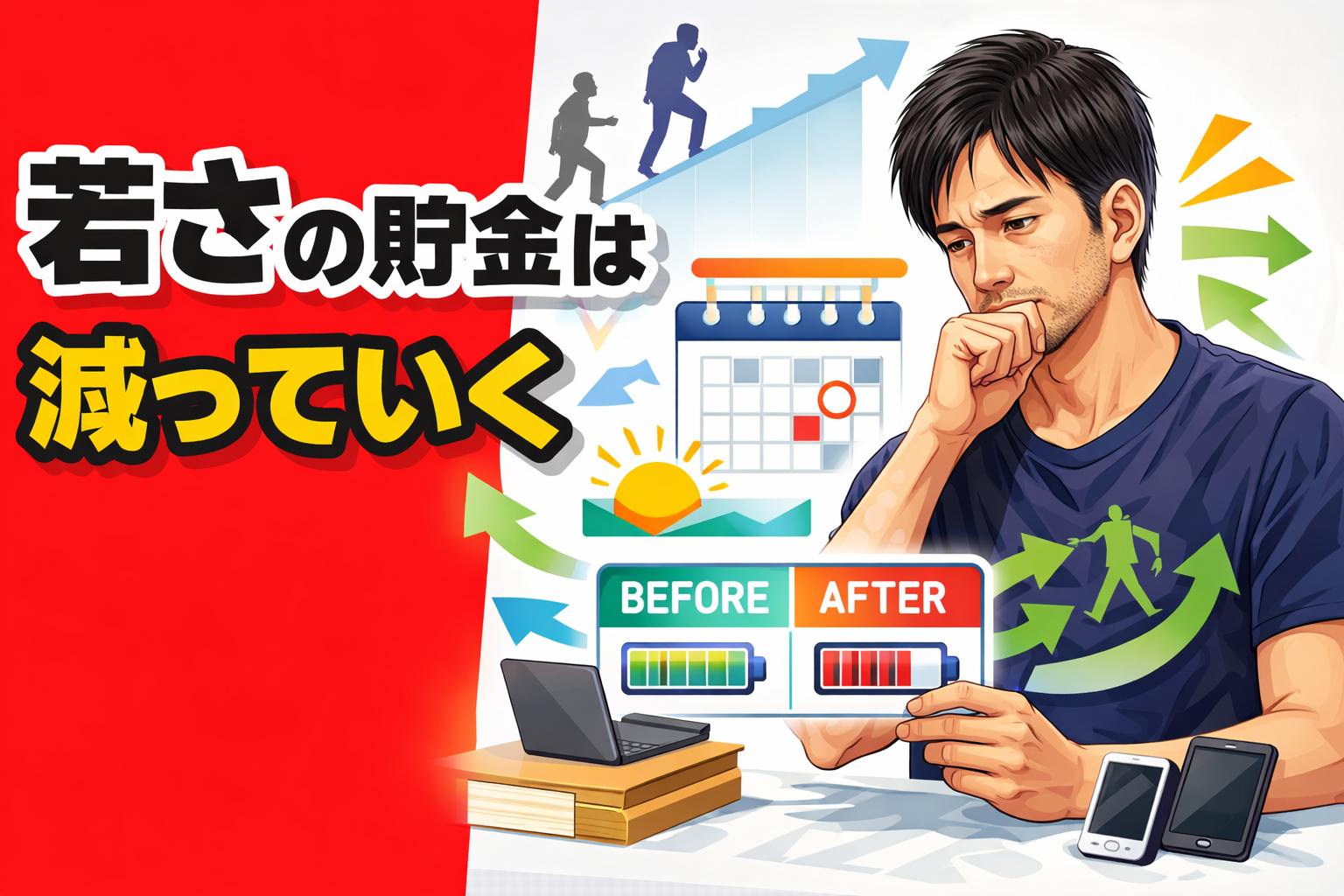若さの貯金は減っていく｜副業を続けるために年齢による体力変化を意識する男性のイメージ