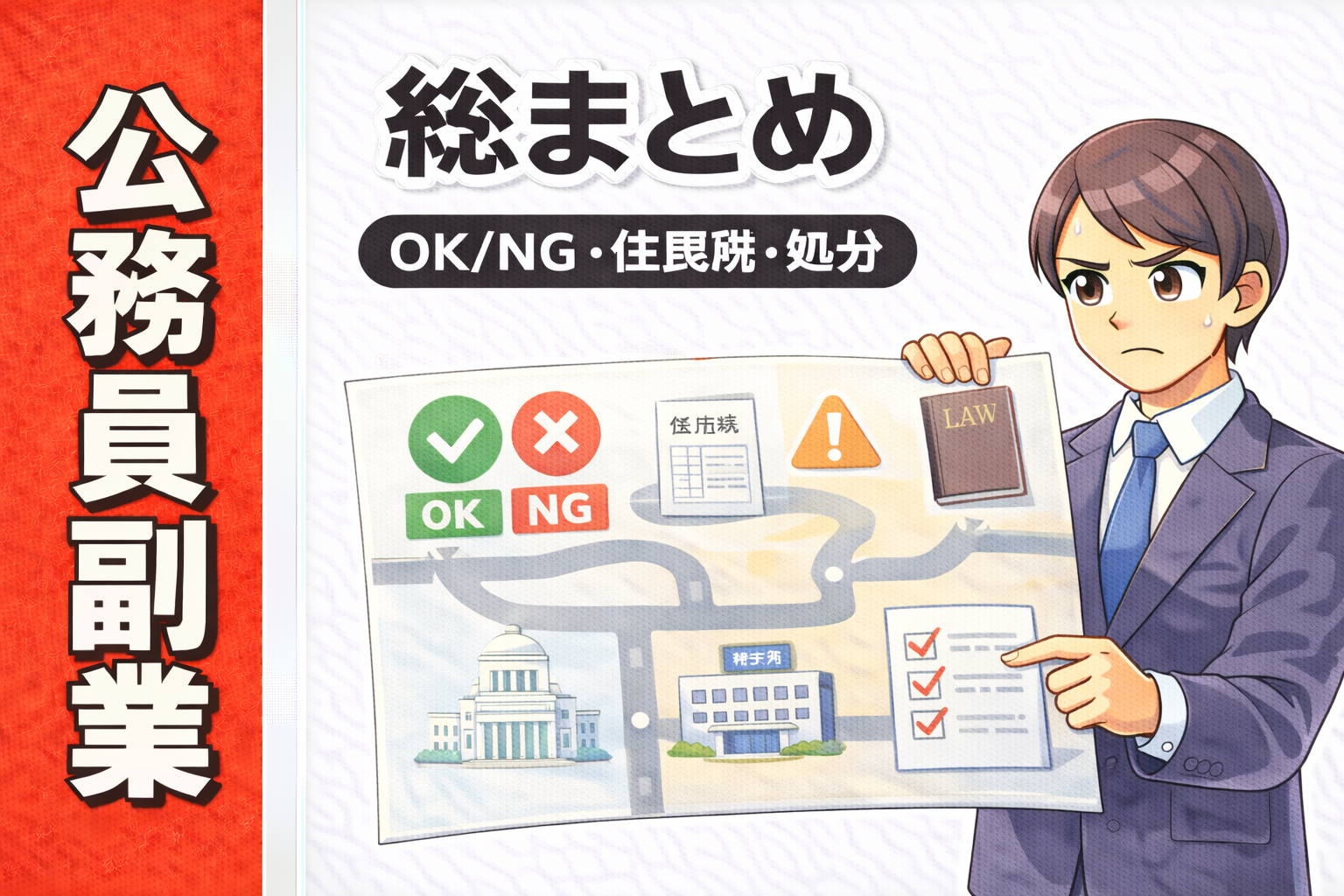 公務員副業シリーズの総まとめハブページ用サムネイル。OK/NG、住民税、処分を整理した入口ページのイメージ。