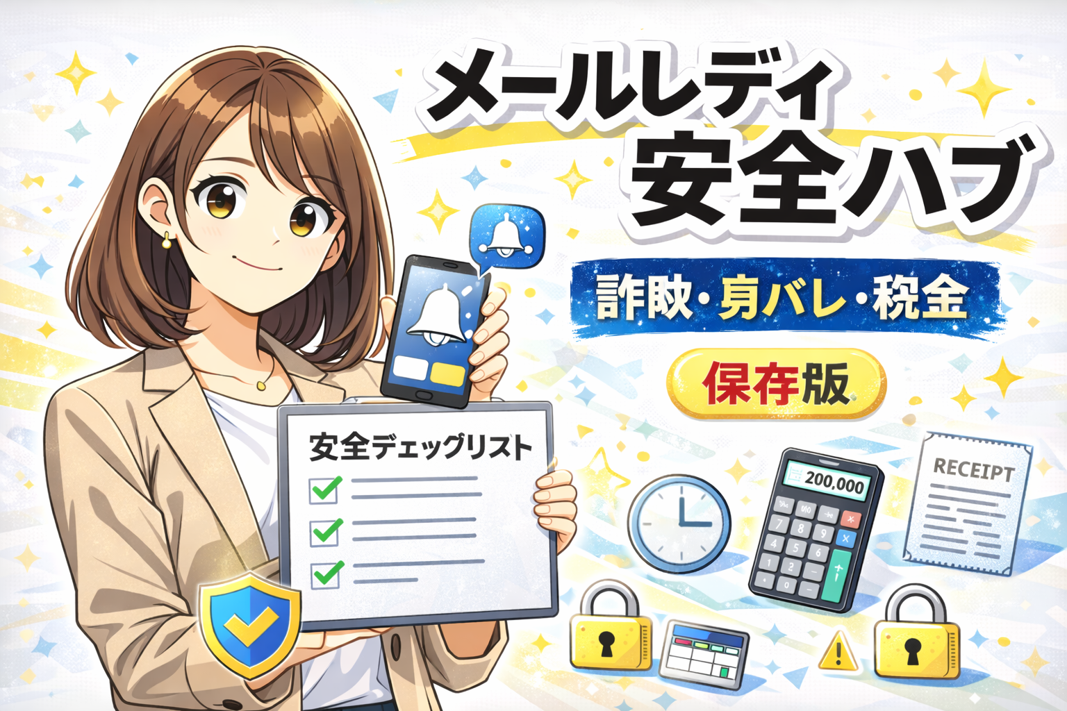 メールレディの安全対策（詐欺回避・身バレ防止・税金）をまとめたハブページのサムネイル