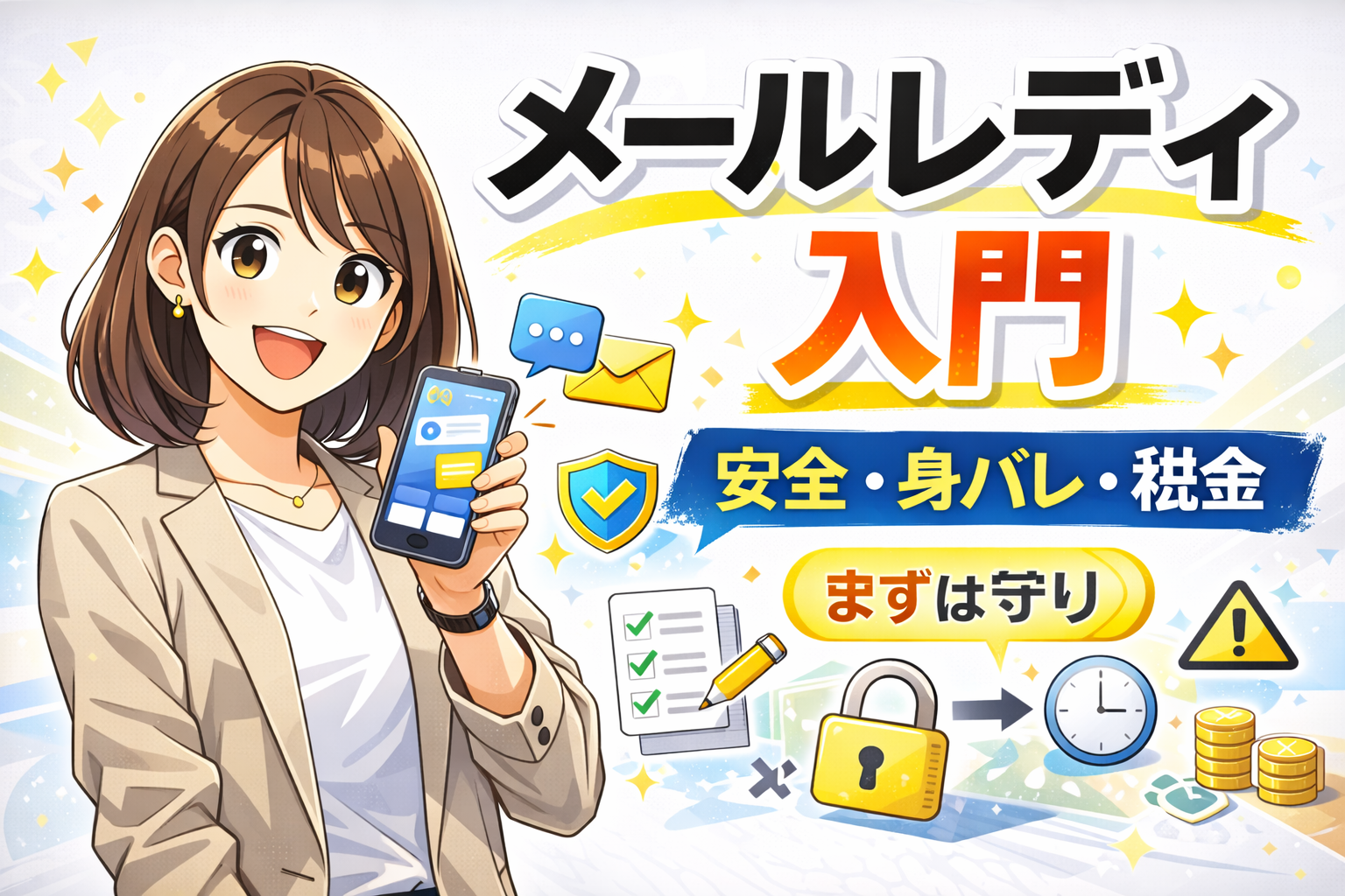 メールレディの入門（安全・身バレ対策・税金の基本）をポップなアニメ風の女性キャラで表現したサムネイル