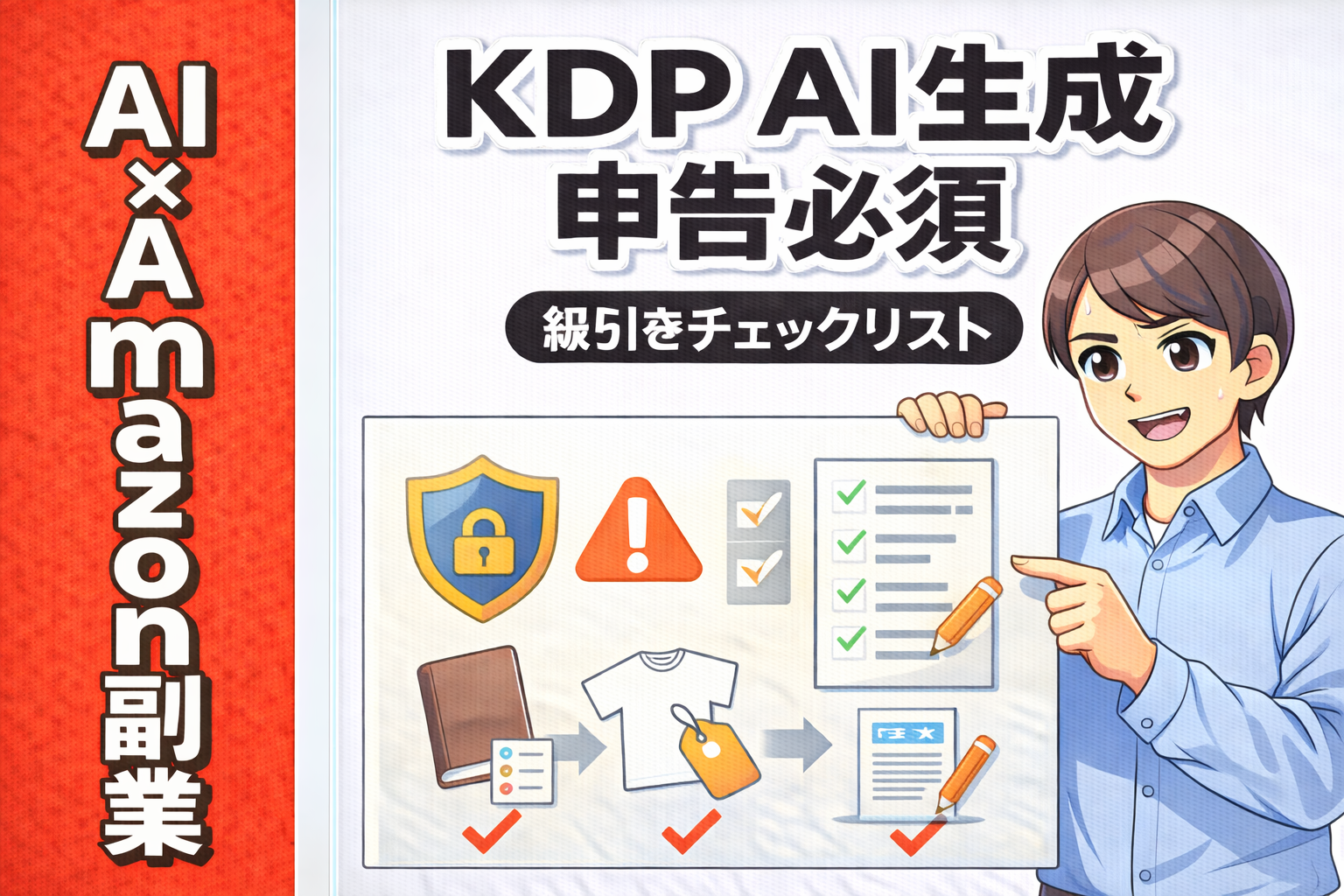 KDPでAI生成コンテンツは申告必須であることを示すサムネ画像。チェックリストと警告アイコンで「AI生成とAI支援の線引き」を解説している。