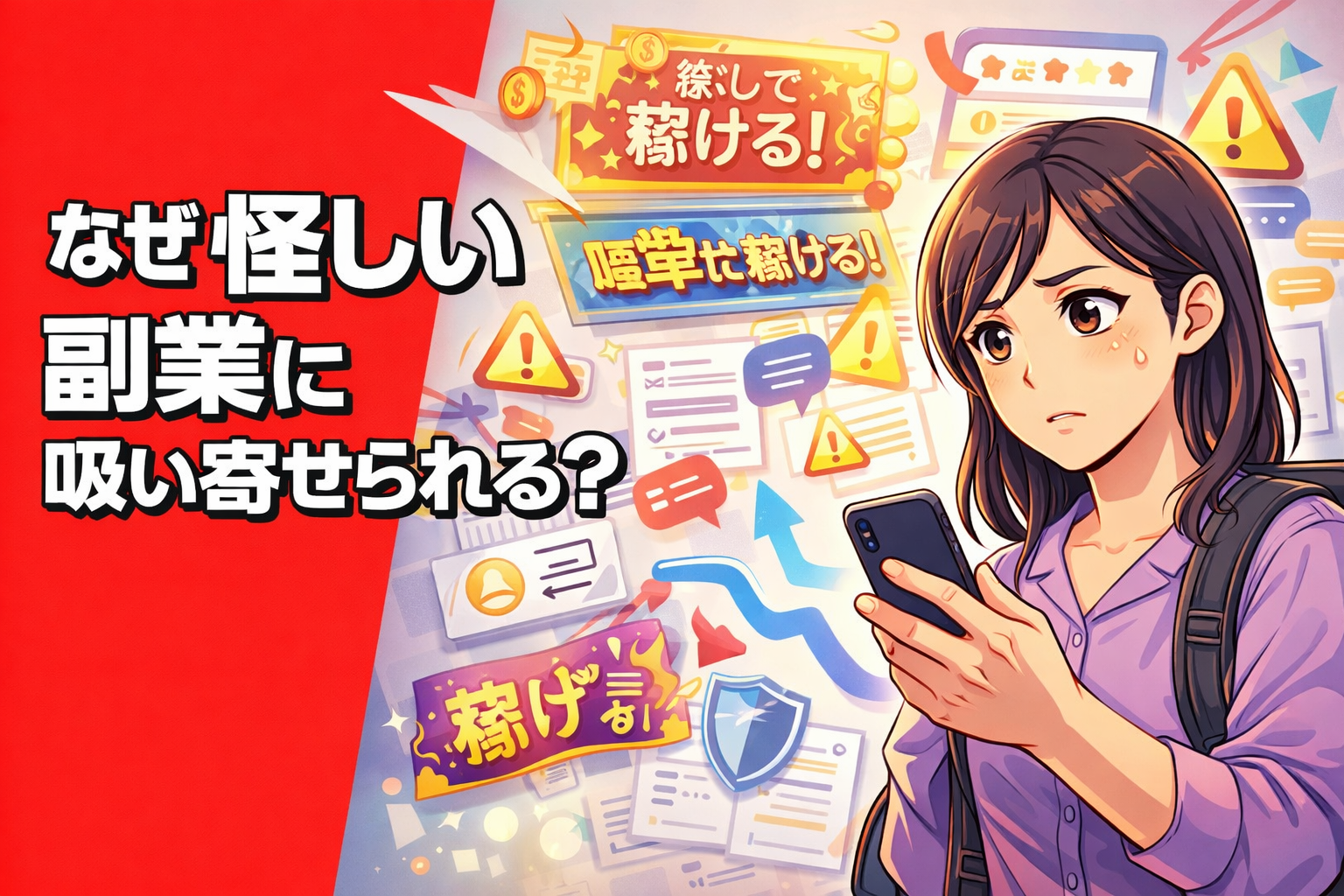 スマホに並ぶ副業広告を見ながら、不安そうに比較する女性を描いたポップアニメ風サムネイル
