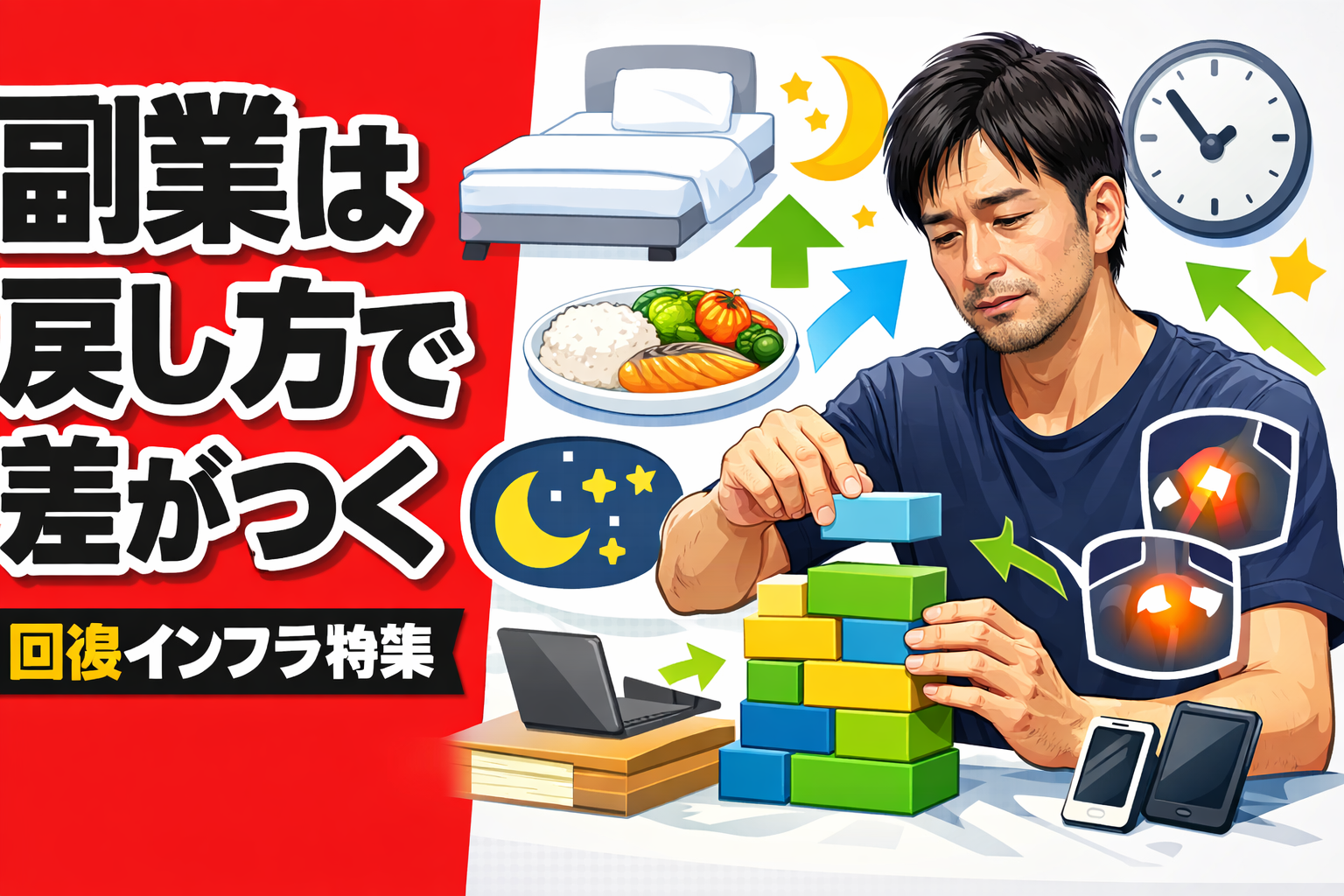 副業は戻し方で差がつく｜睡眠・寝具・食事の回復インフラ特集を表す男性のイメージ