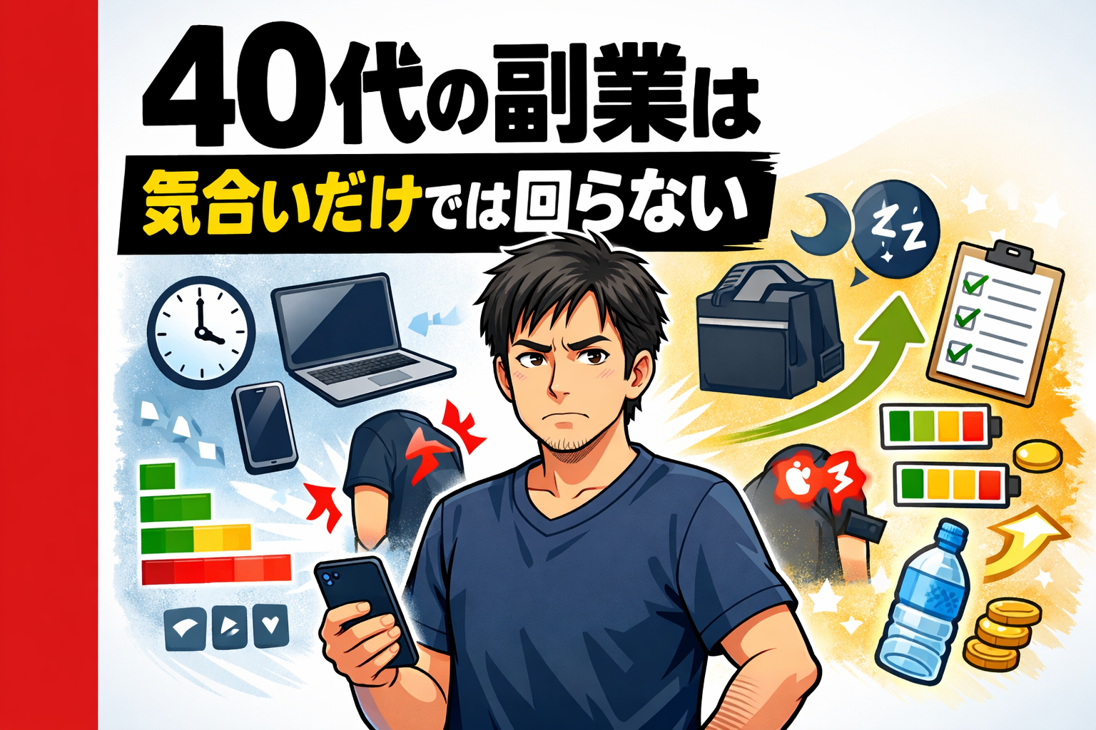 40代の副業は気合いだけでは回らない｜疲労と回復力の低下を意識する男性のイメージ