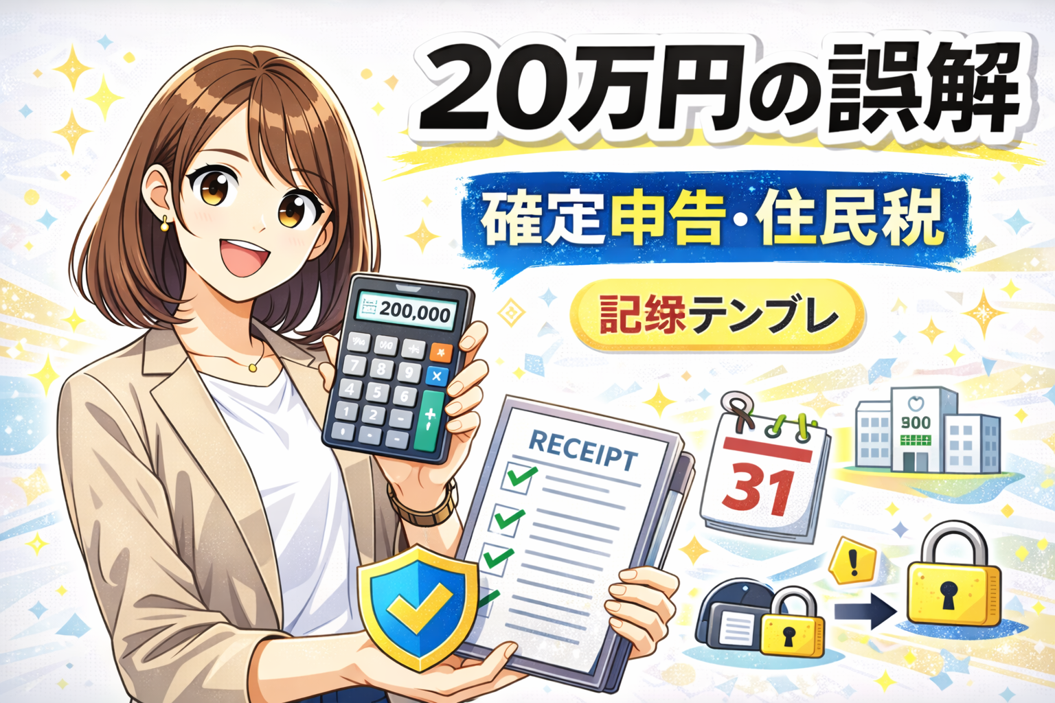 メールレディの税金（20万円ルール、確定申告、住民税、記録テンプレ）を示したサムネイル