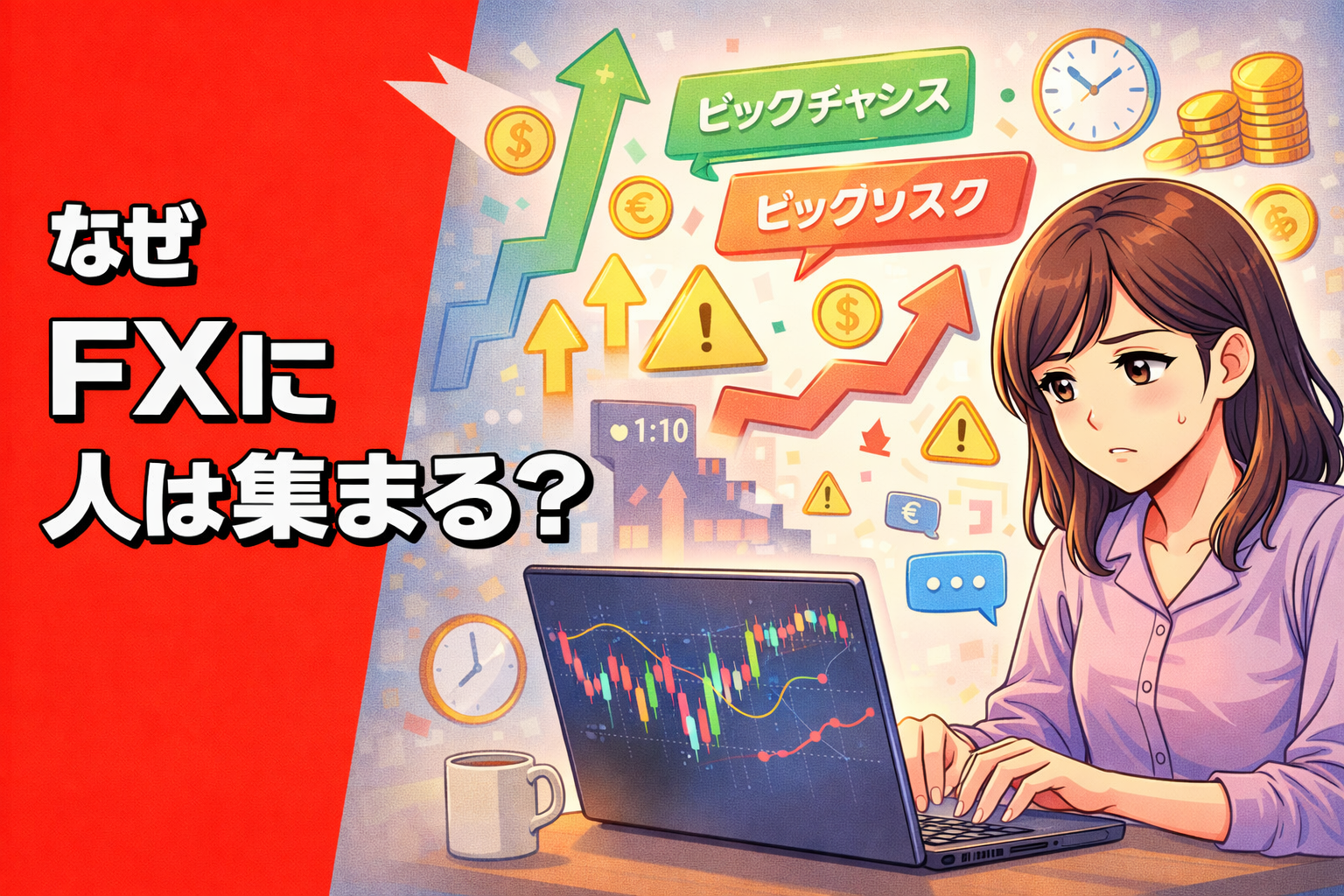 為替チャートを見ながら、利益への期待とリスクの怖さの間で揺れる女性を描いたポップアニメ風サムネイル