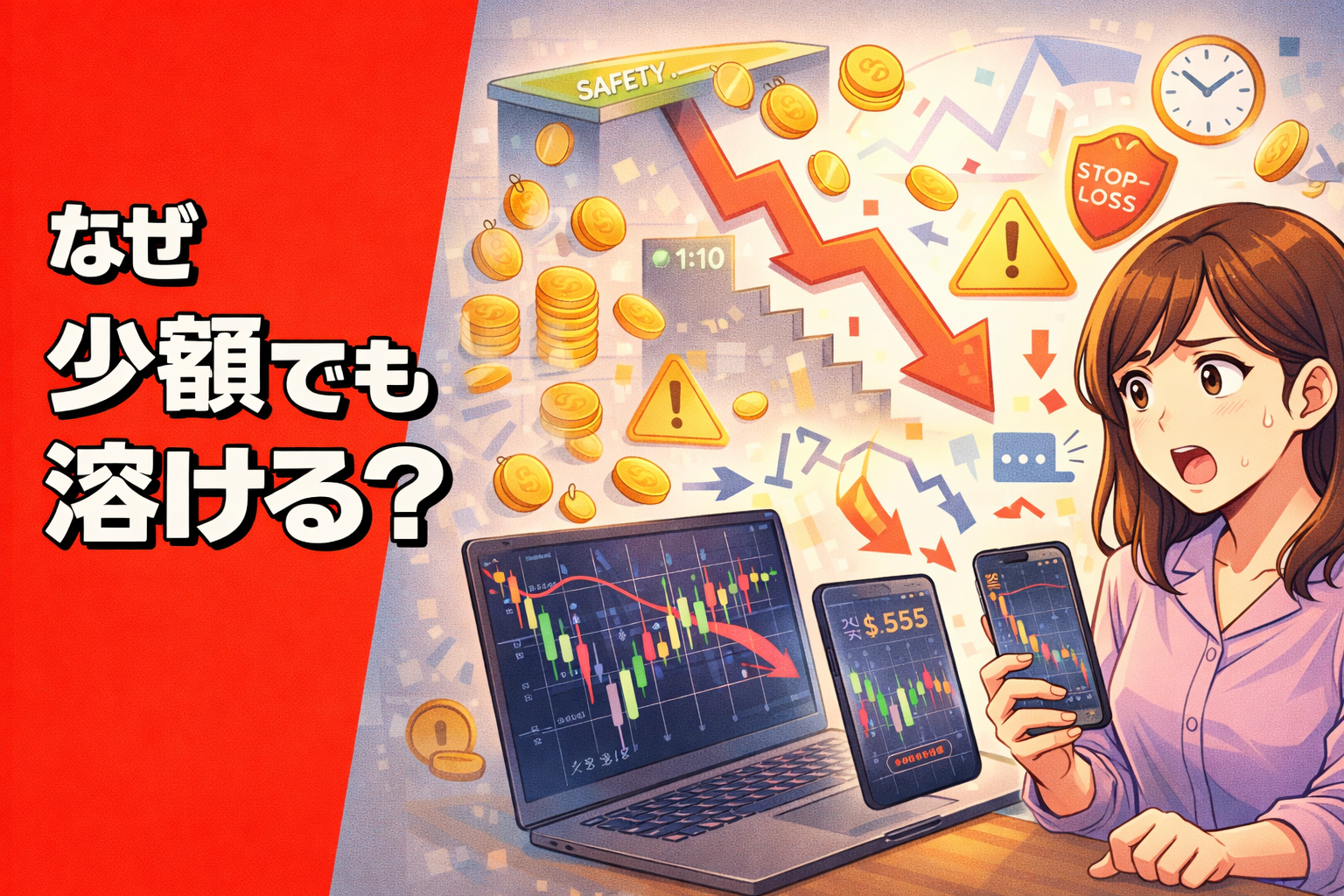 少額資金でFXチャートを見ながら、急な損失に焦る女性を描いたポップアニメ風サムネイル